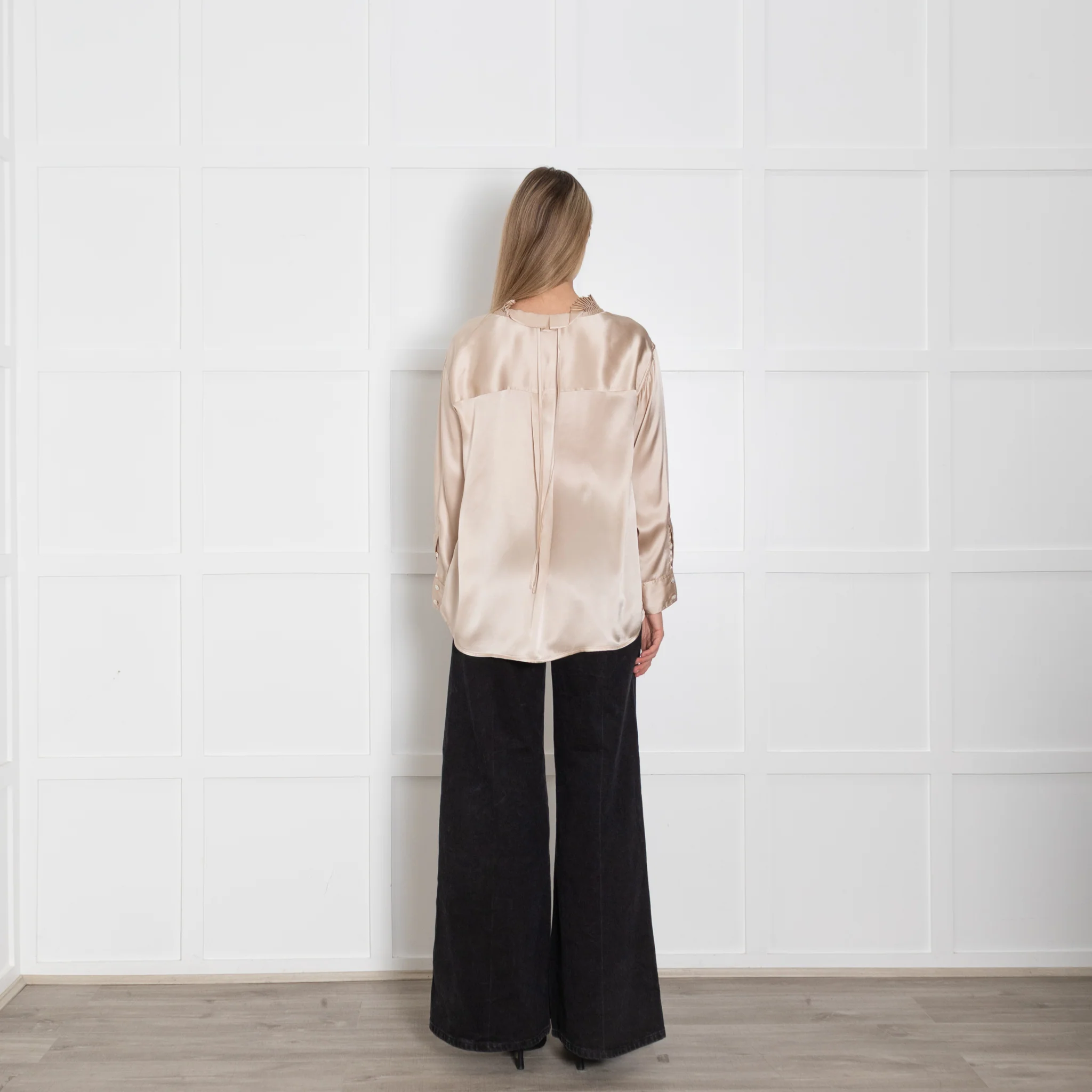Wyse Gold Silk Satin Pleated Neck Blouse - Image 5