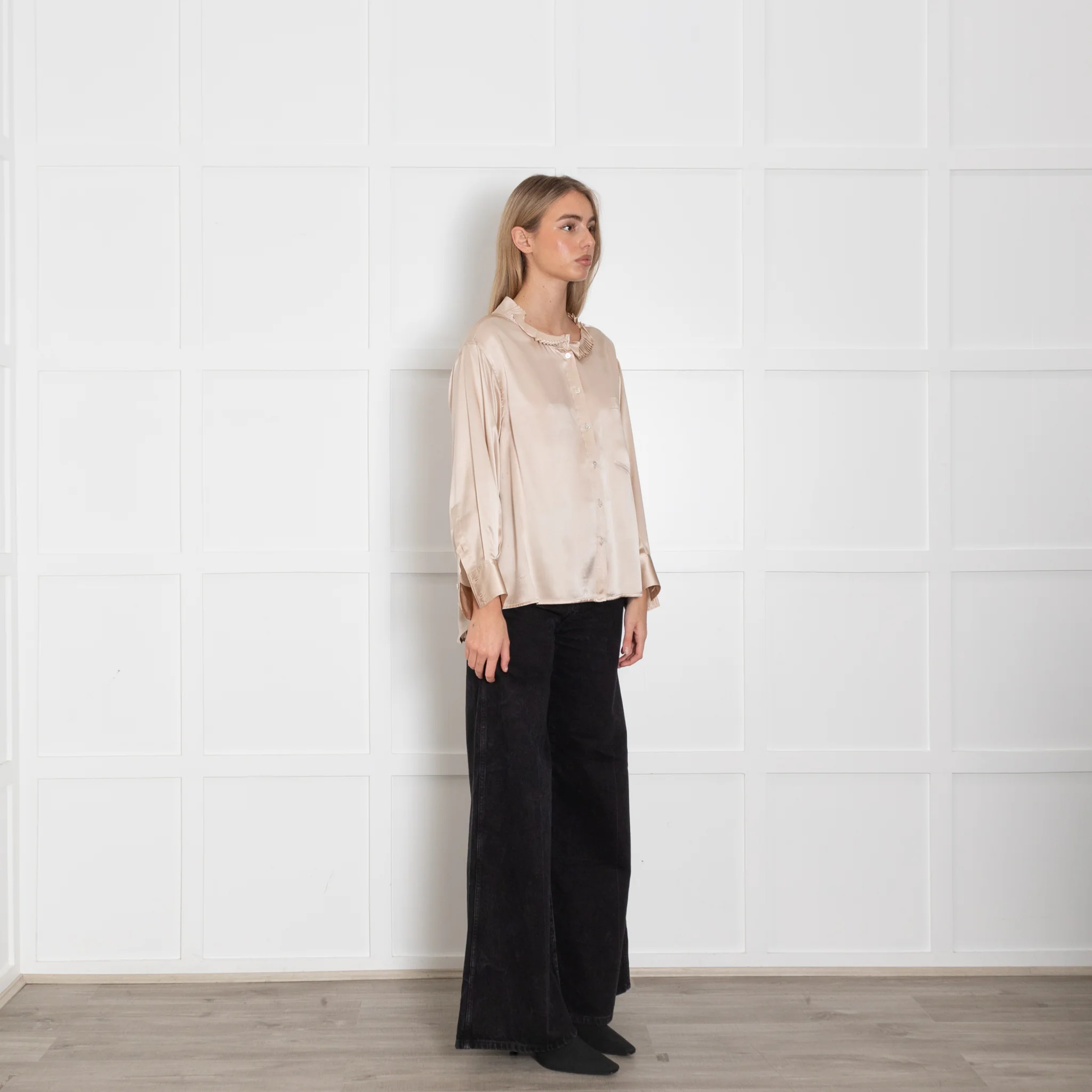 Wyse Gold Silk Satin Pleated Neck Blouse - Image 7