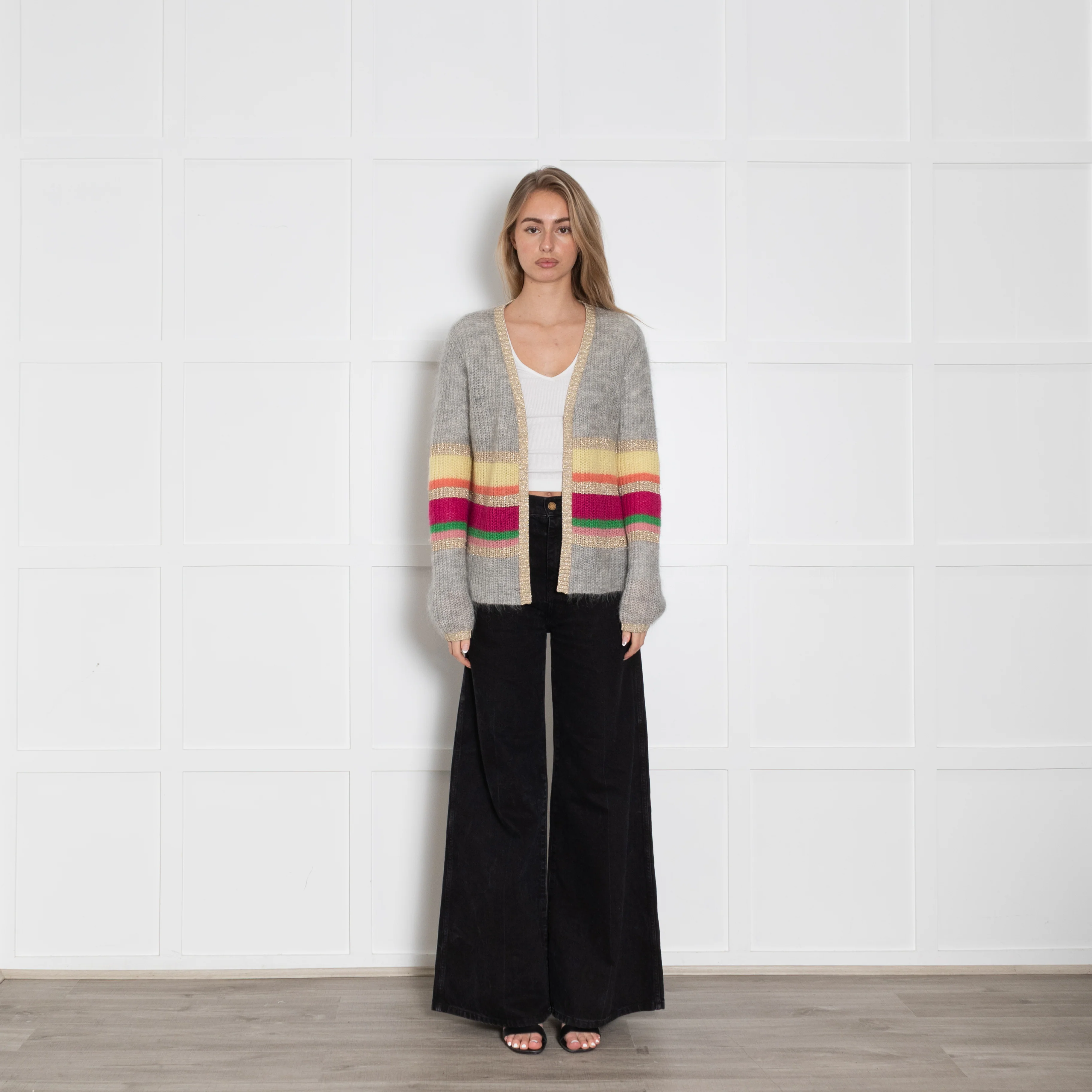 Wyse Grey Mohair Cardigan With Rainbow Stripes