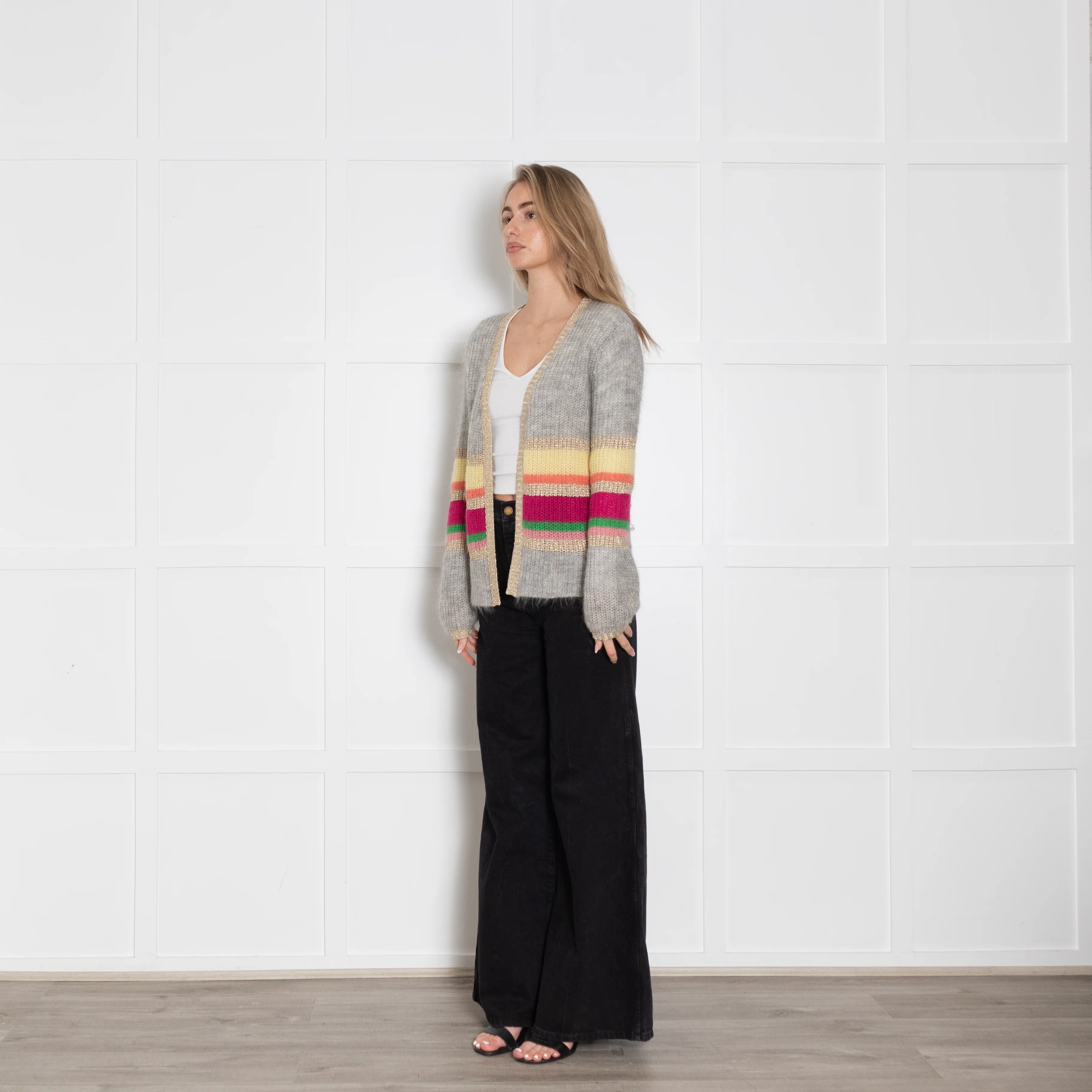 Wyse Grey Mohair Cardigan With Rainbow Stripes - Image 3