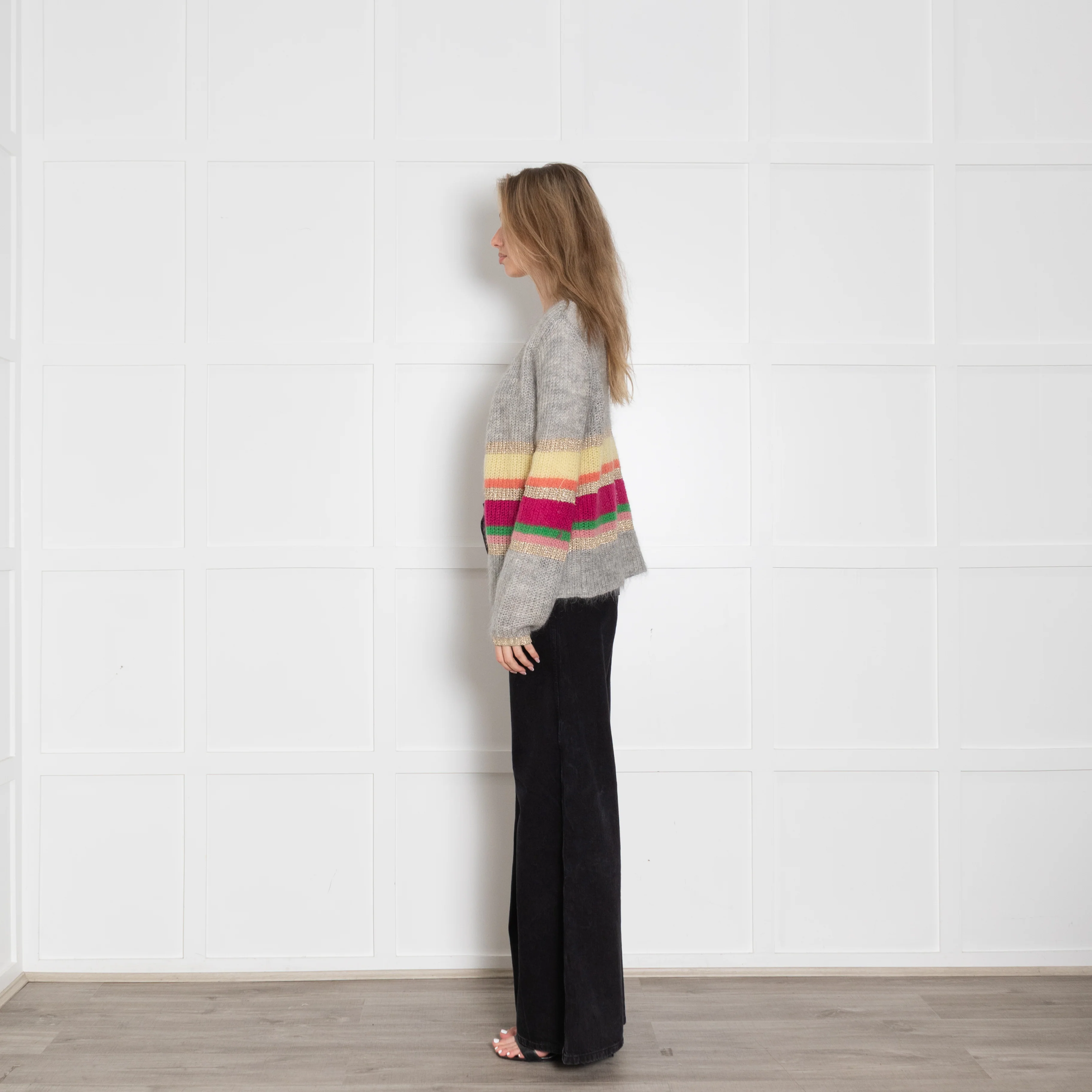 Wyse Grey Mohair Cardigan With Rainbow Stripes - Image 4
