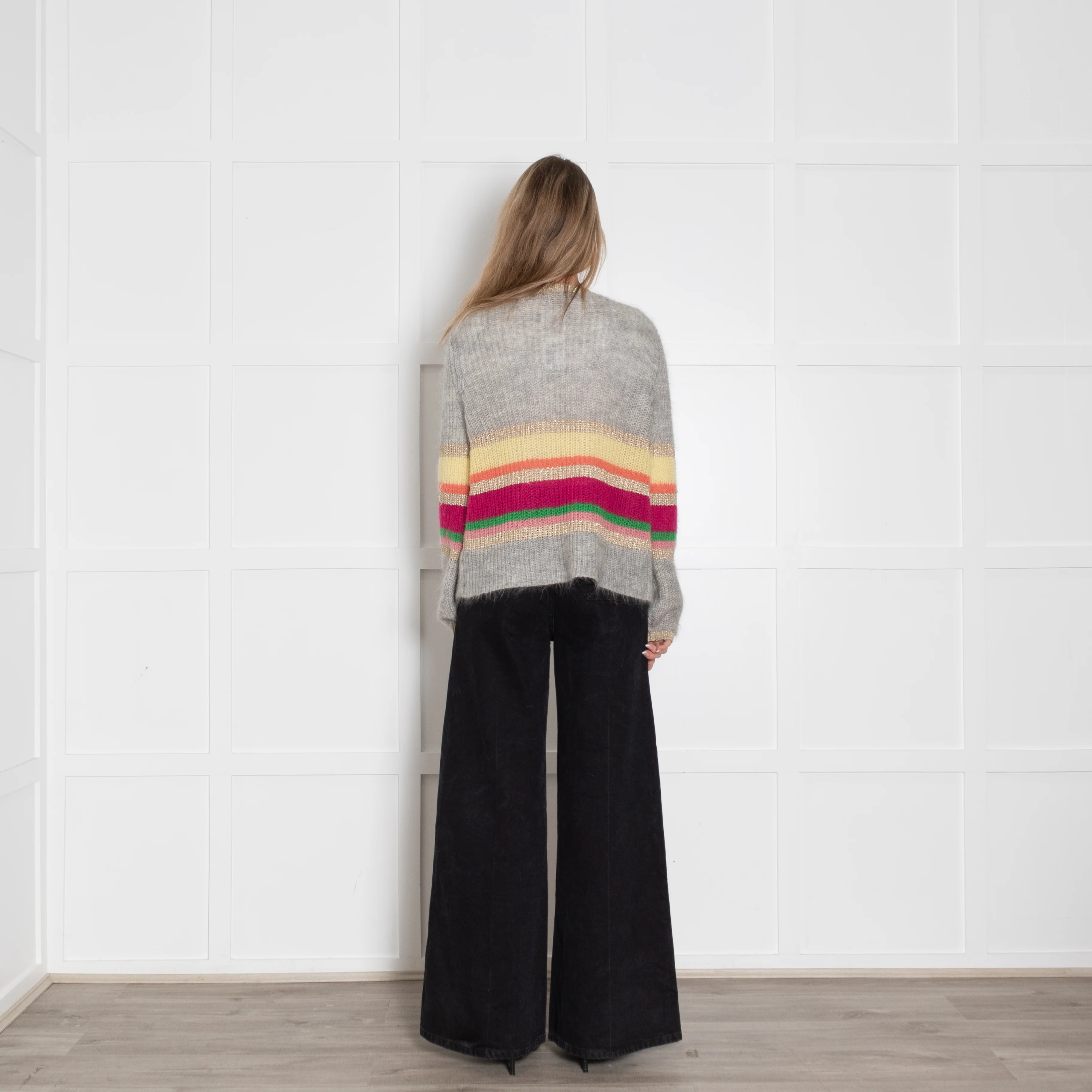 Wyse Grey Mohair Cardigan With Rainbow Stripes - Image 5