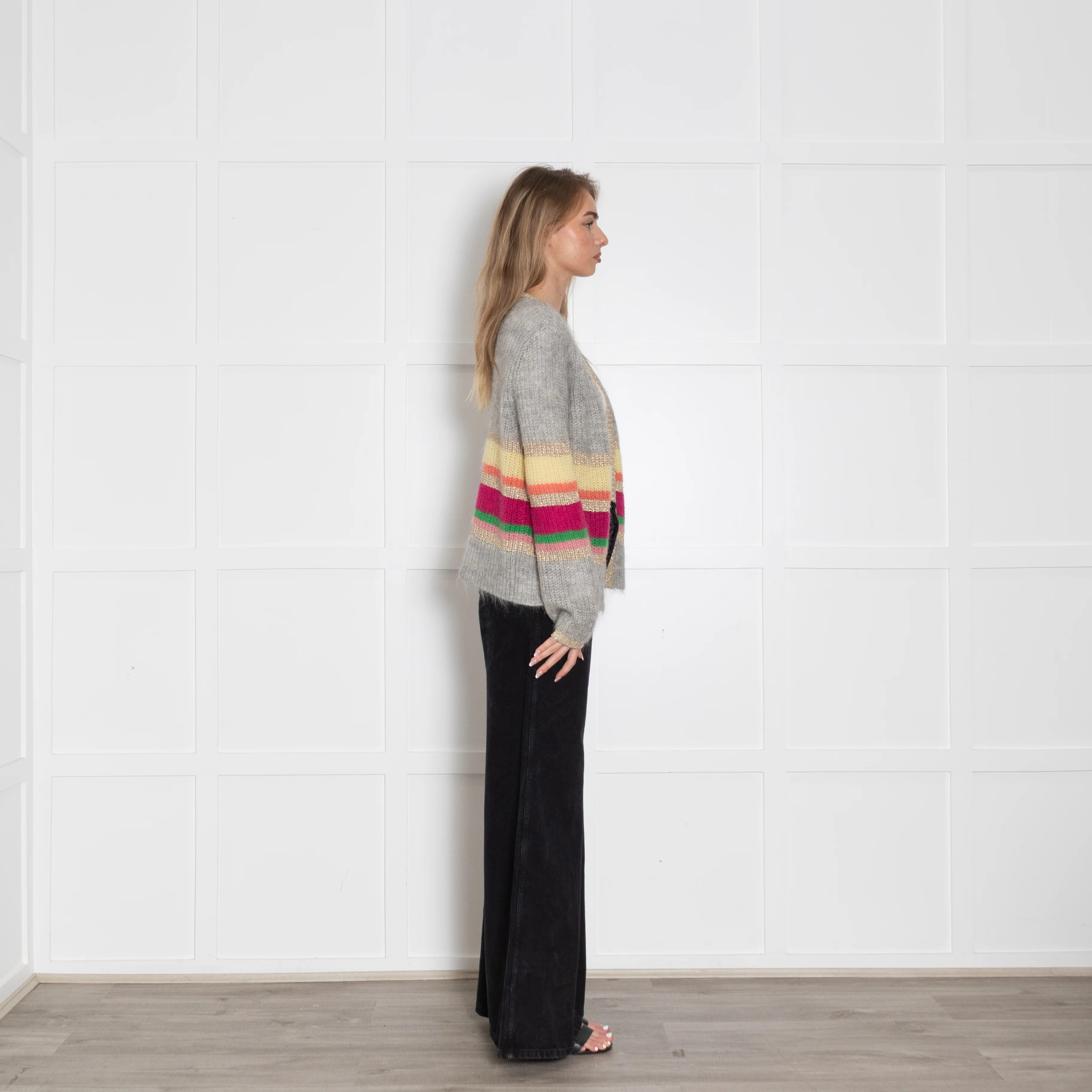 Wyse Grey Mohair Cardigan With Rainbow Stripes - Image 6