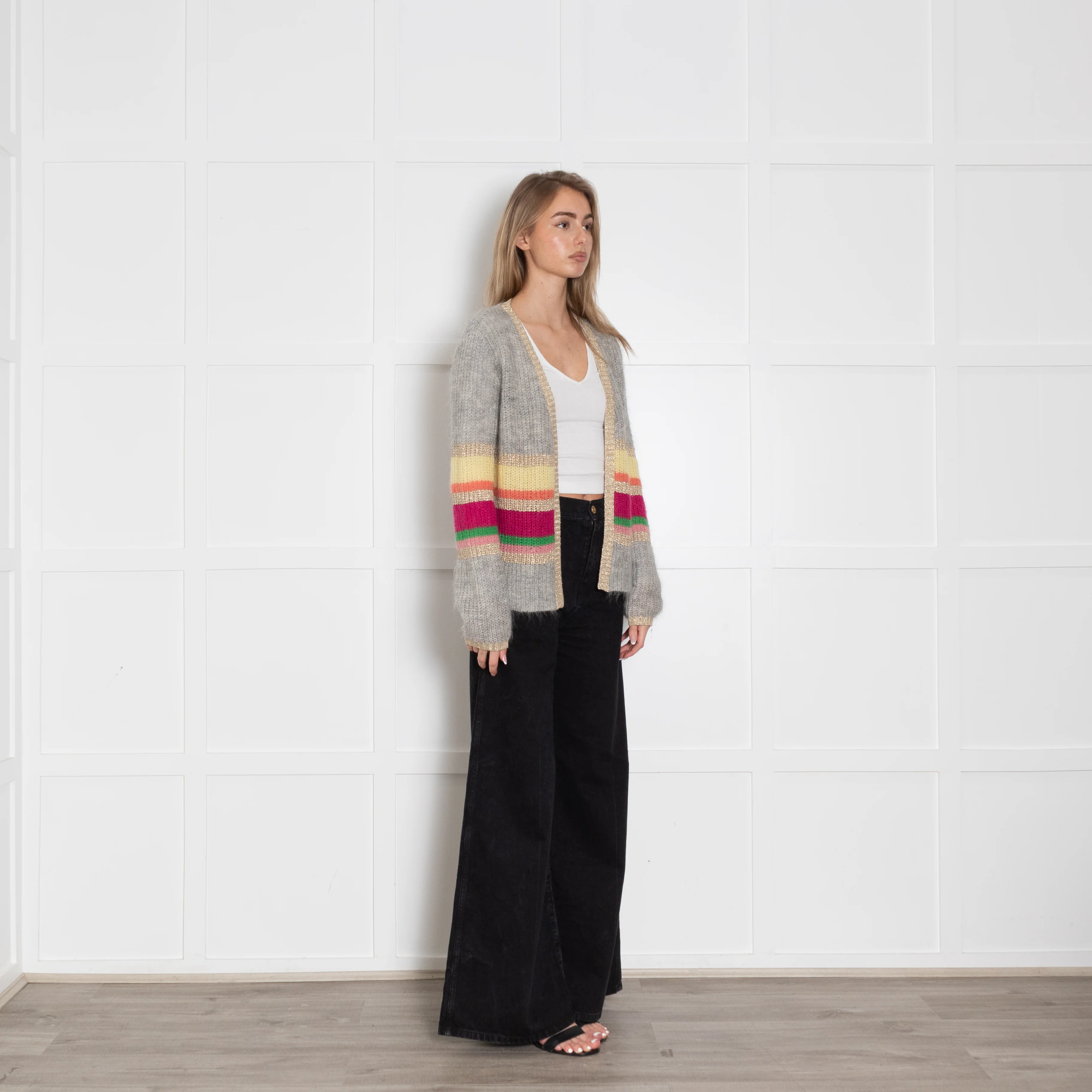 Wyse Grey Mohair Cardigan With Rainbow Stripes - Image 7