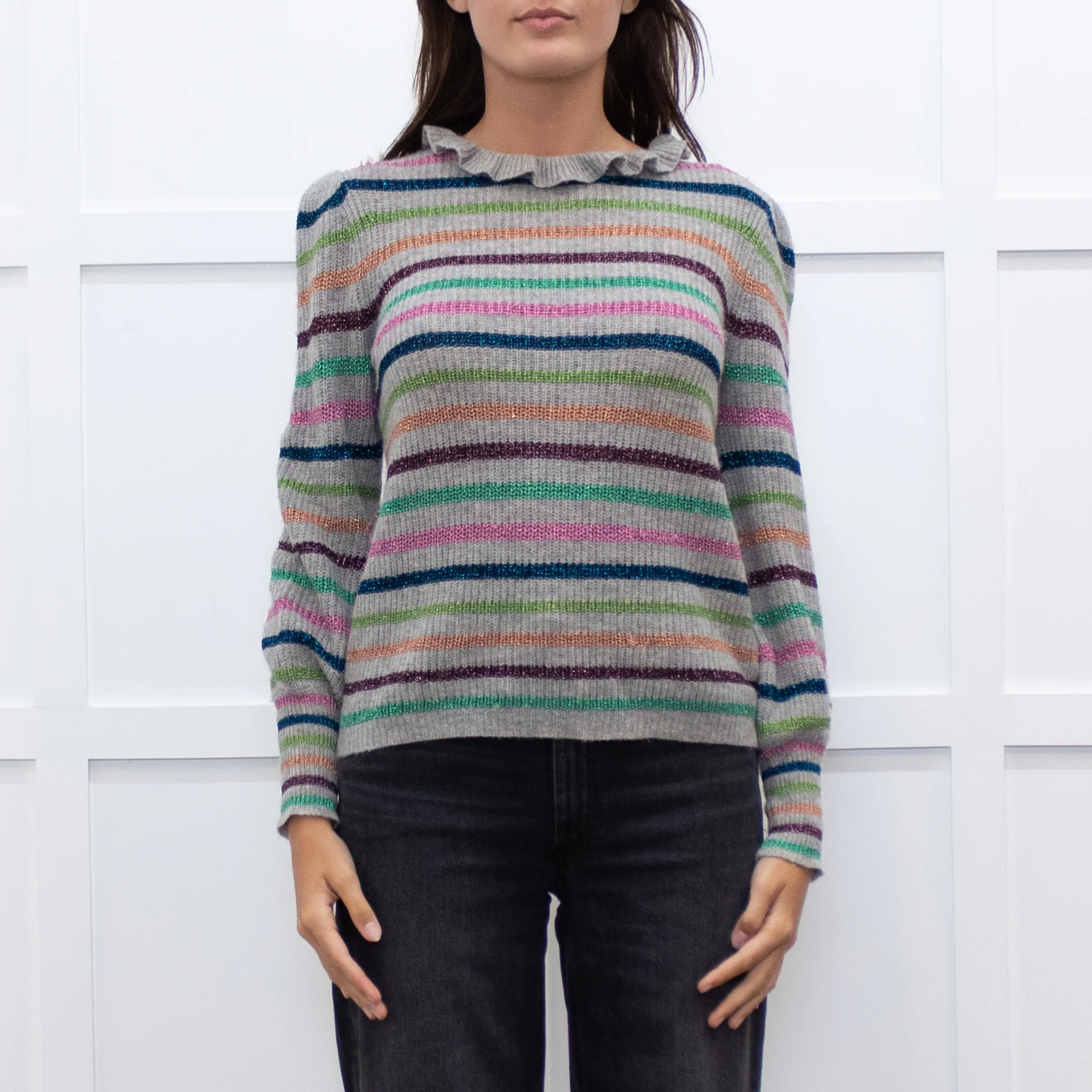Wyse Grey Multi Lurex Stripe Cashmere Blend  Frill Neck Jumper - Image 2