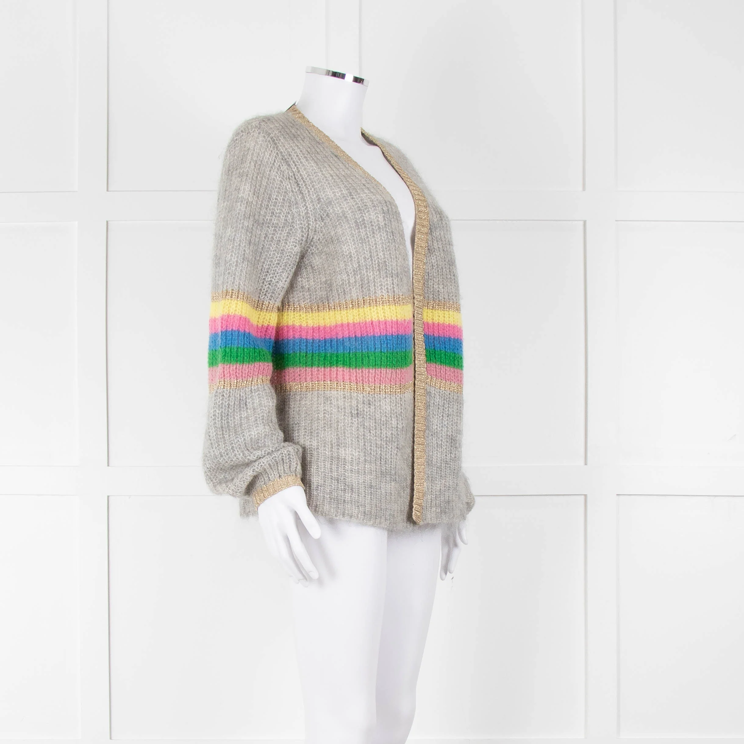 Wyse Grey Rainbow Stripe Mohair Wool Blend Gold Trim Cardigan - Image 2