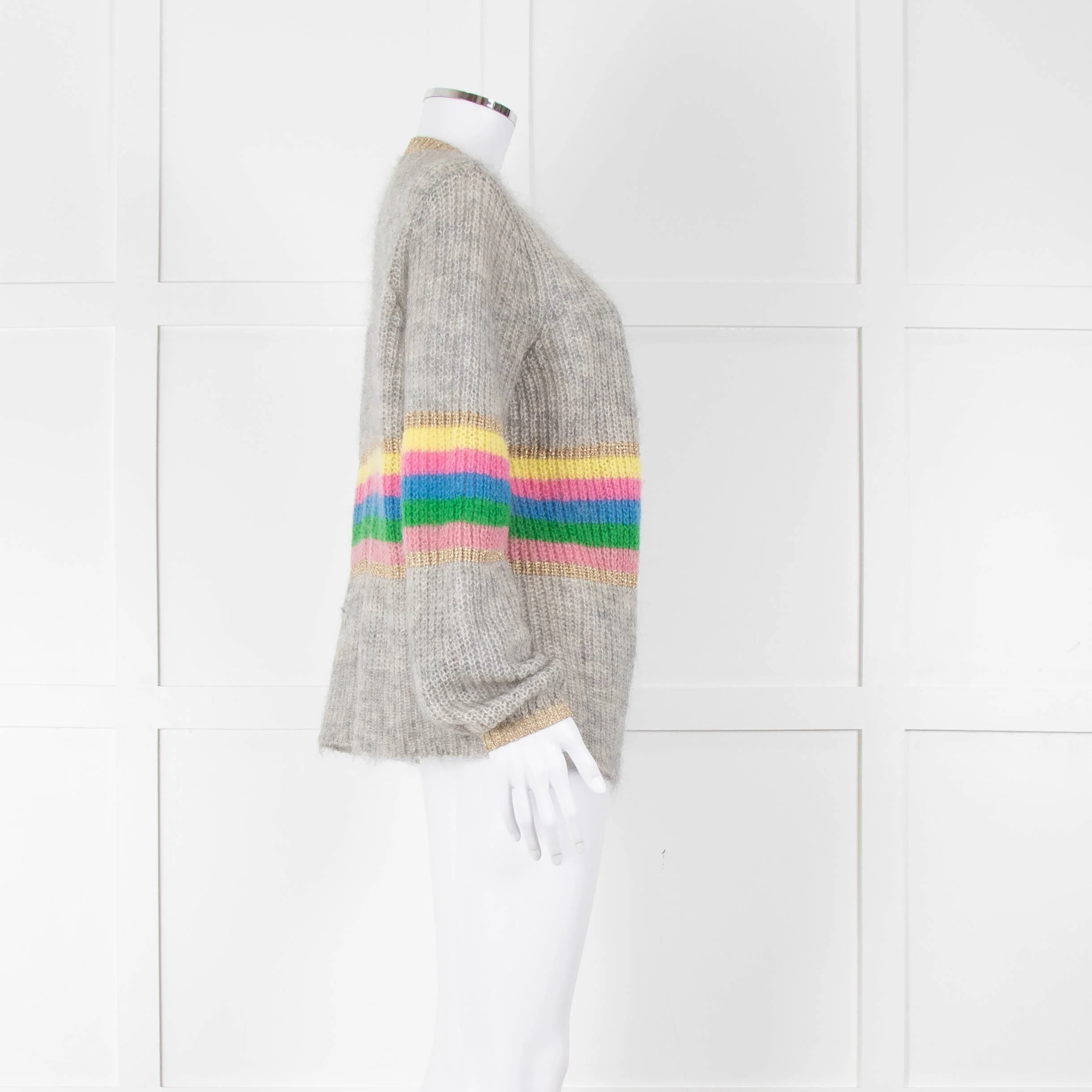 Wyse Grey Rainbow Stripe Mohair Wool Blend Gold Trim Cardigan - Image 3