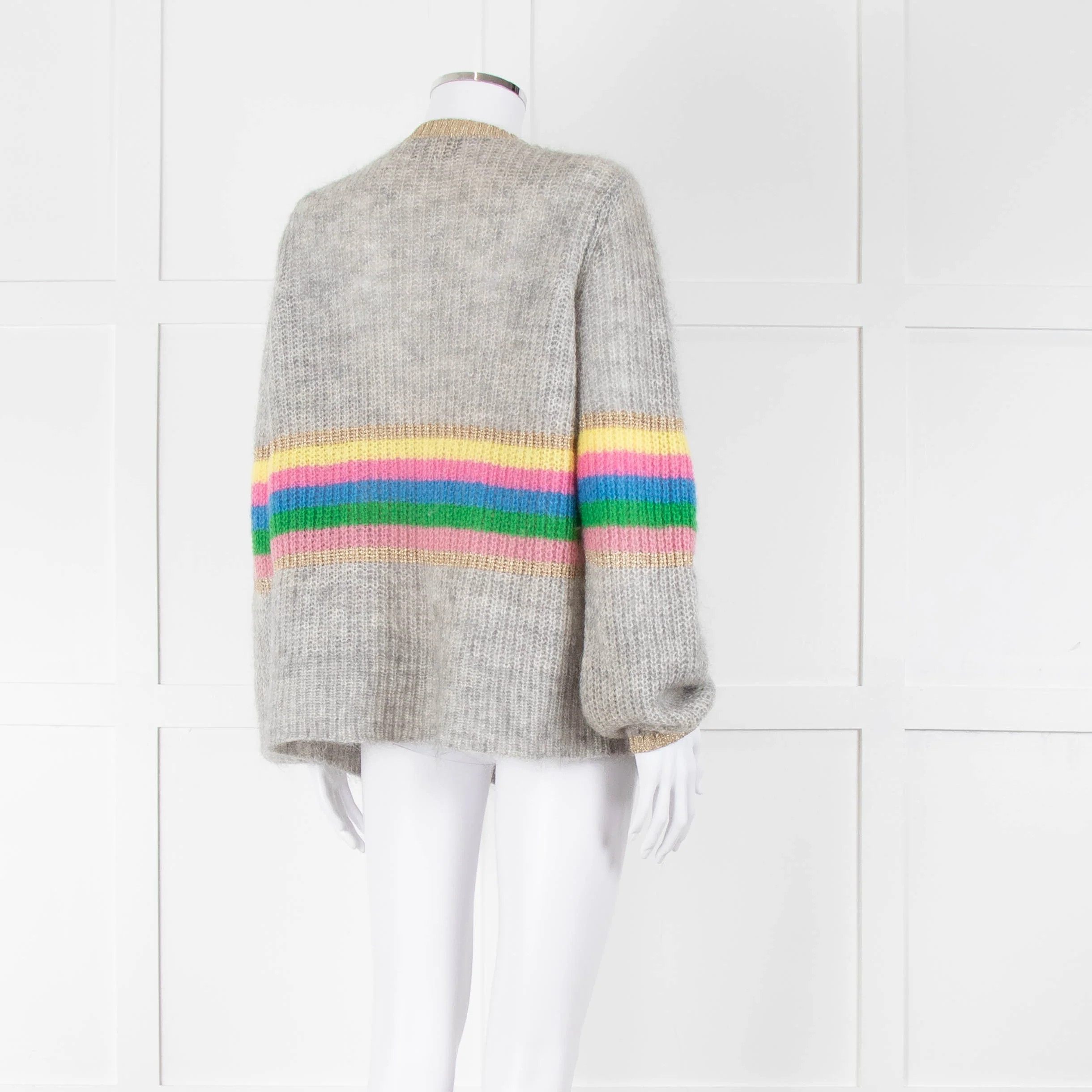 Wyse Grey Rainbow Stripe Mohair Wool Blend Gold Trim Cardigan - Image 4