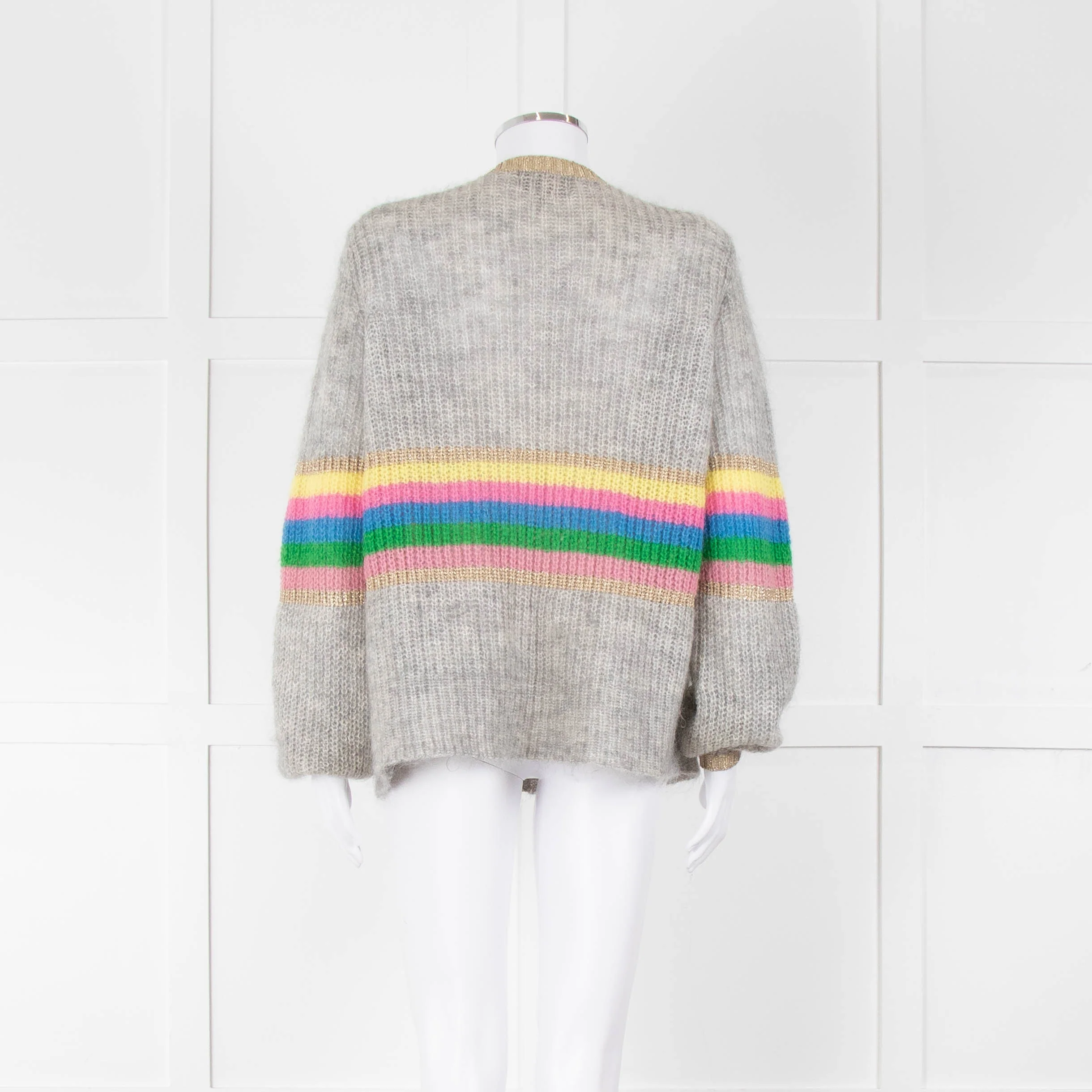 Wyse Grey Rainbow Stripe Mohair Wool Blend Gold Trim Cardigan - Image 5