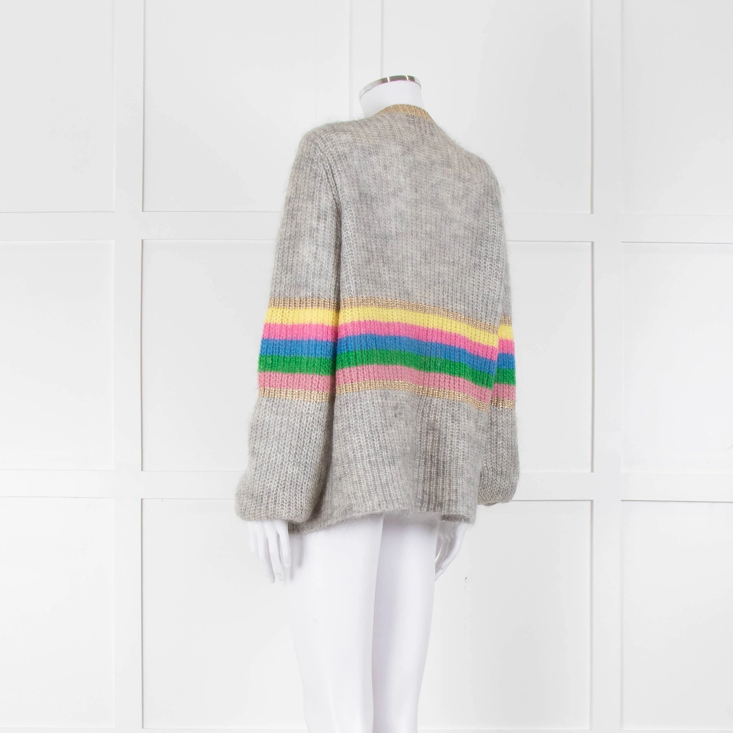 Wyse Grey Rainbow Stripe Mohair Wool Blend Gold Trim Cardigan - Image 6