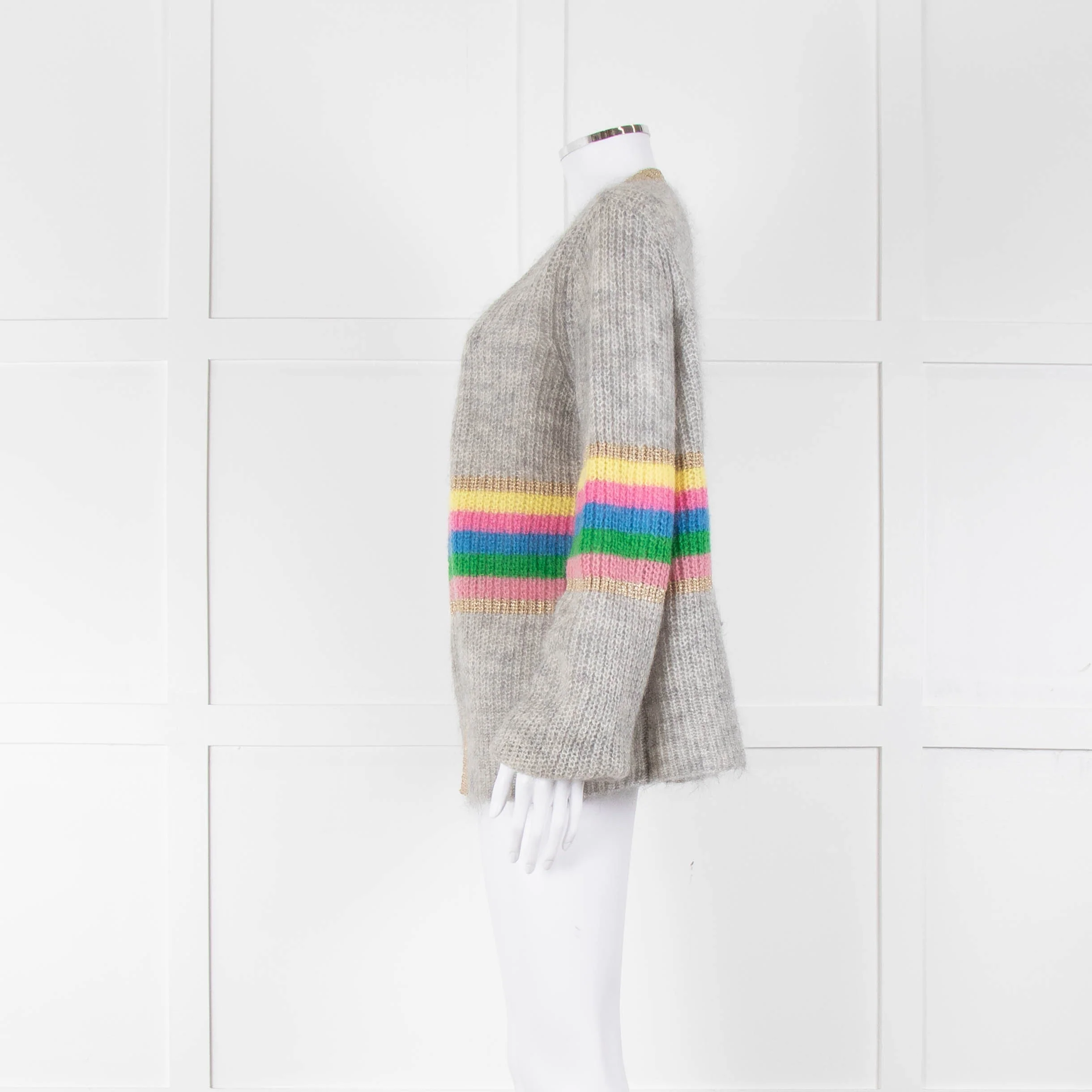 Wyse Grey Rainbow Stripe Mohair Wool Blend Gold Trim Cardigan - Image 7