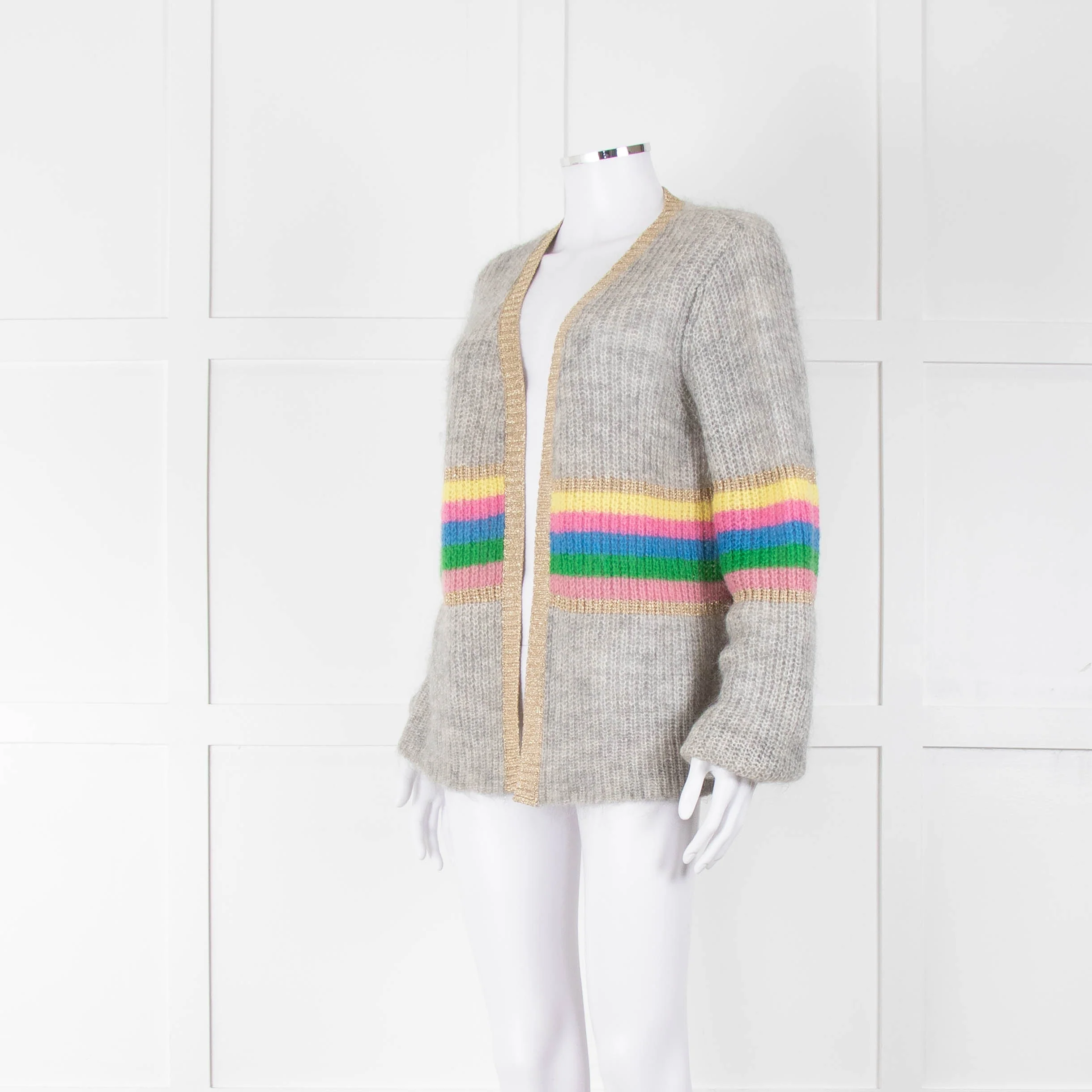 Wyse Grey Rainbow Stripe Mohair Wool Blend Gold Trim Cardigan - Image 8