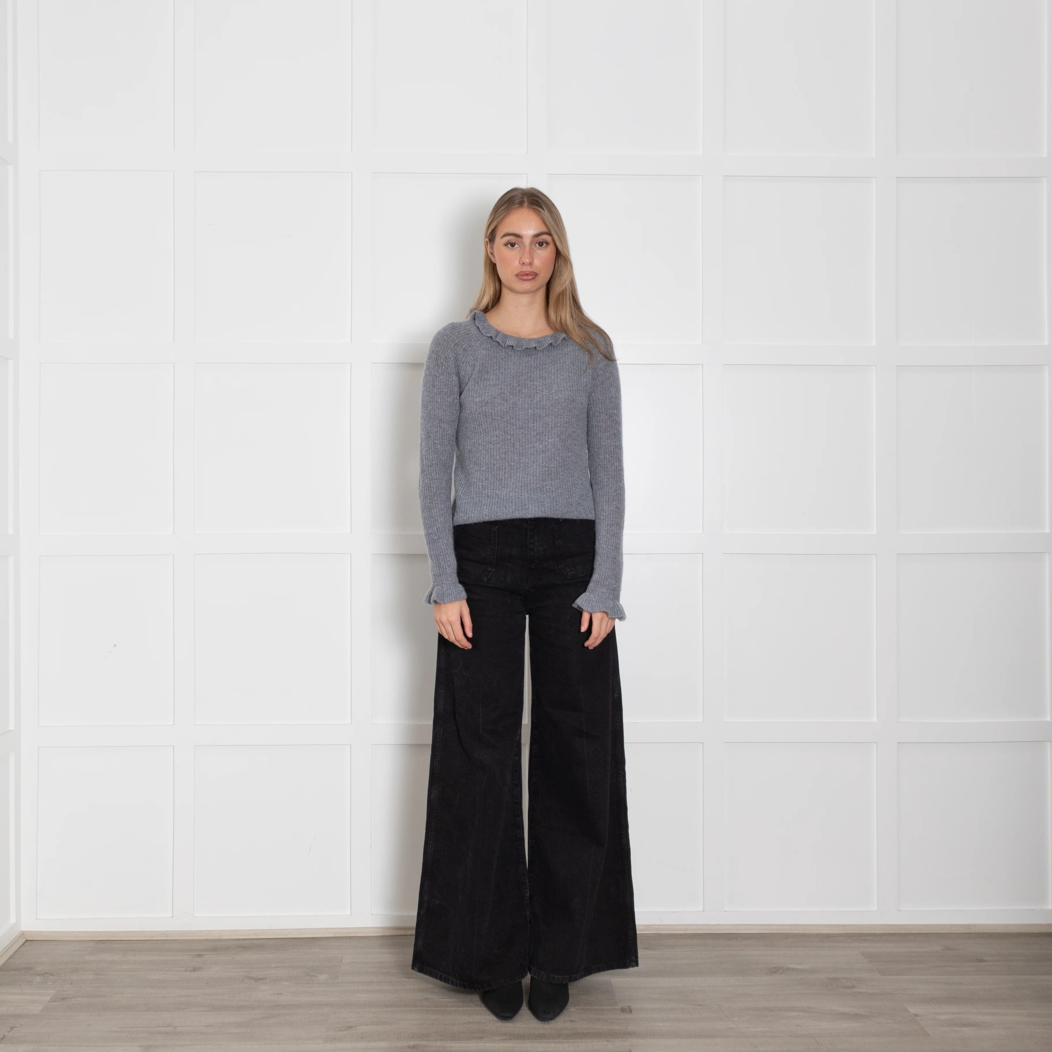 Wyse Grey Silver Lurex Cashmere Blend Frill Detail Jumper