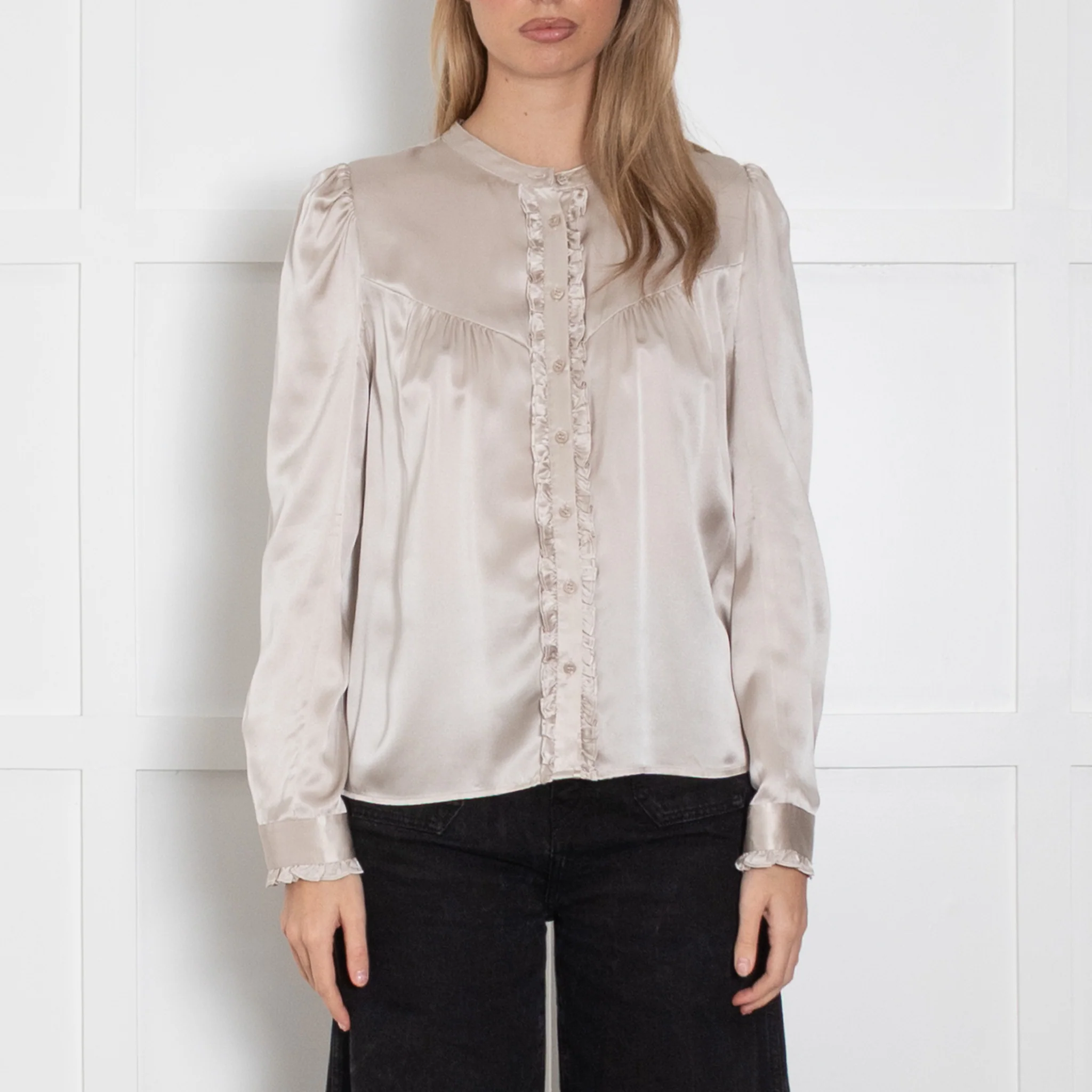 Wyse Light Gold Silk Satin Ruffle Trim Blouse - Image 2