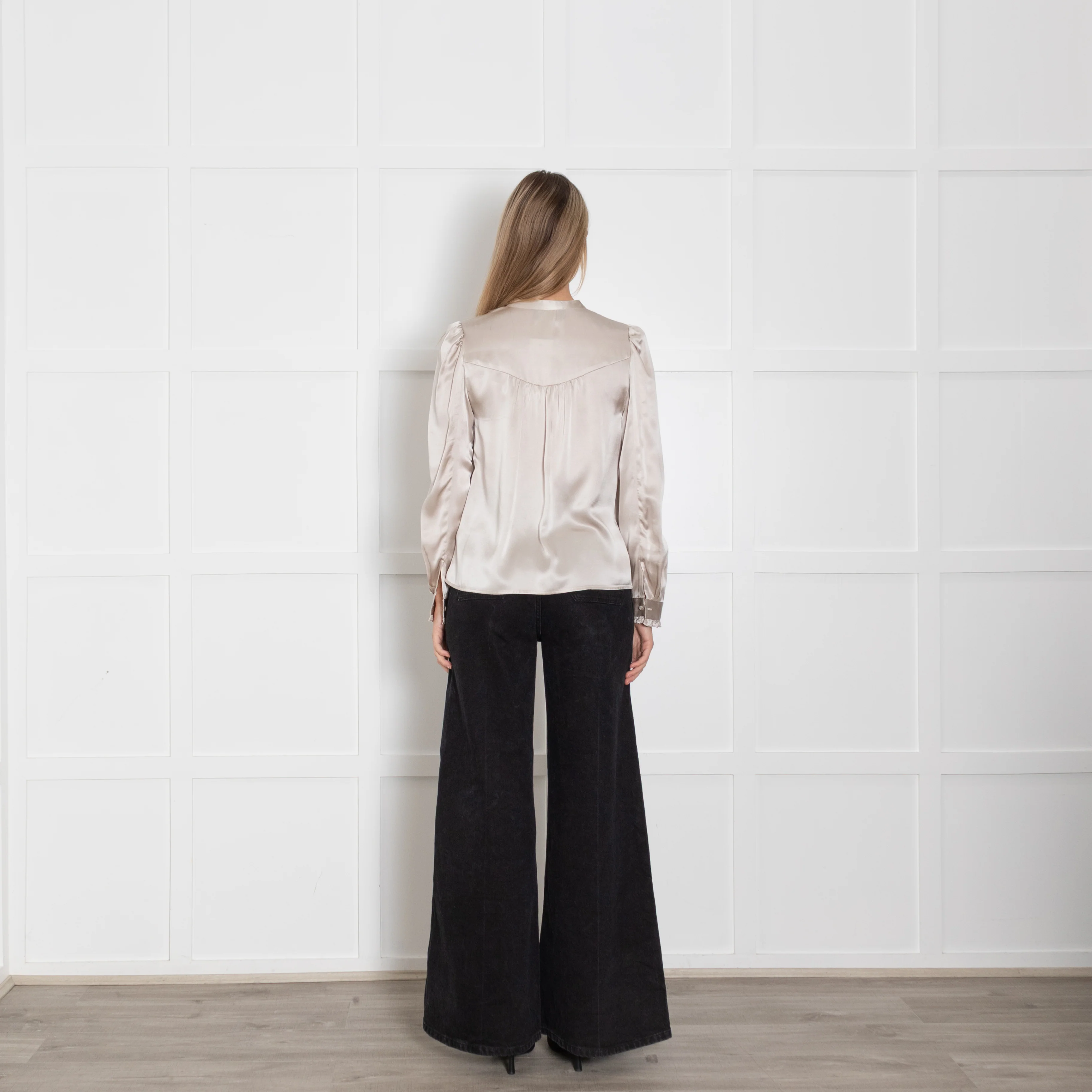 Wyse Light Gold Silk Satin Ruffle Trim Blouse - Image 5