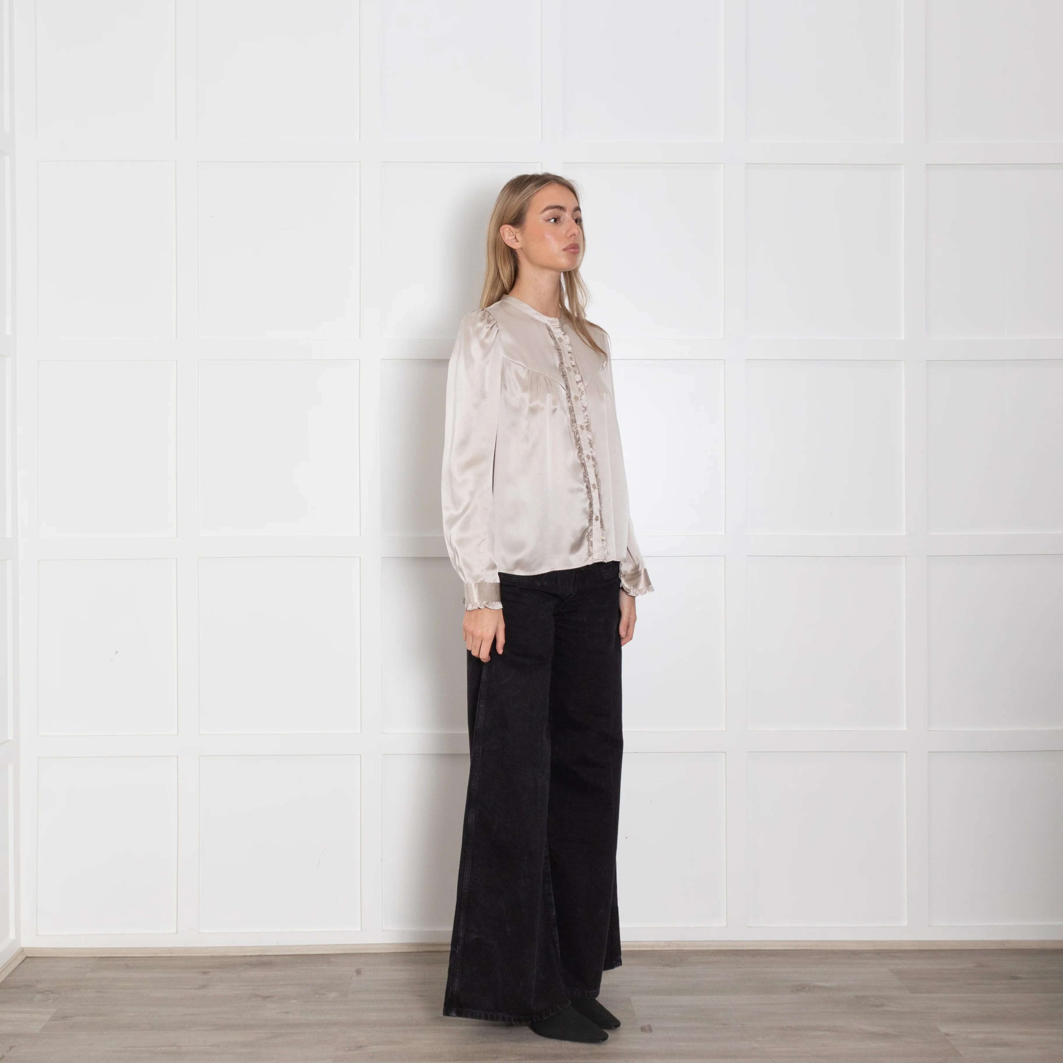 Wyse Light Gold Silk Satin Ruffle Trim Blouse - Image 7
