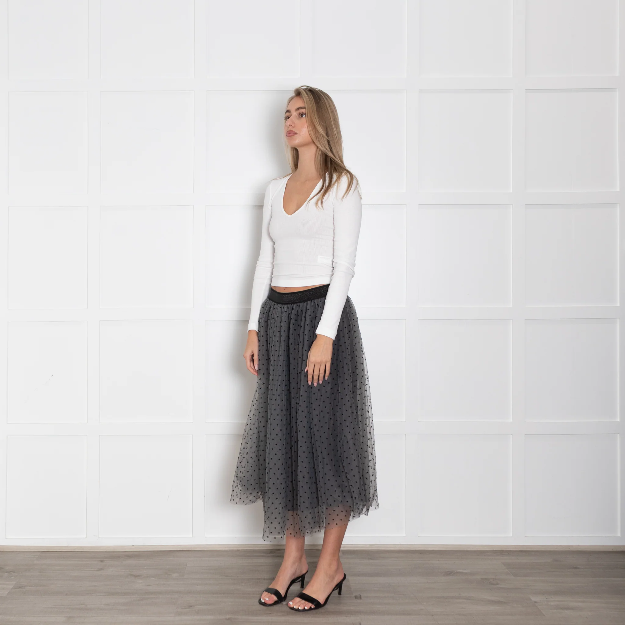 Wyse Lou Lou Tulle Grey Skirt With Black Polka Dots - Image 3