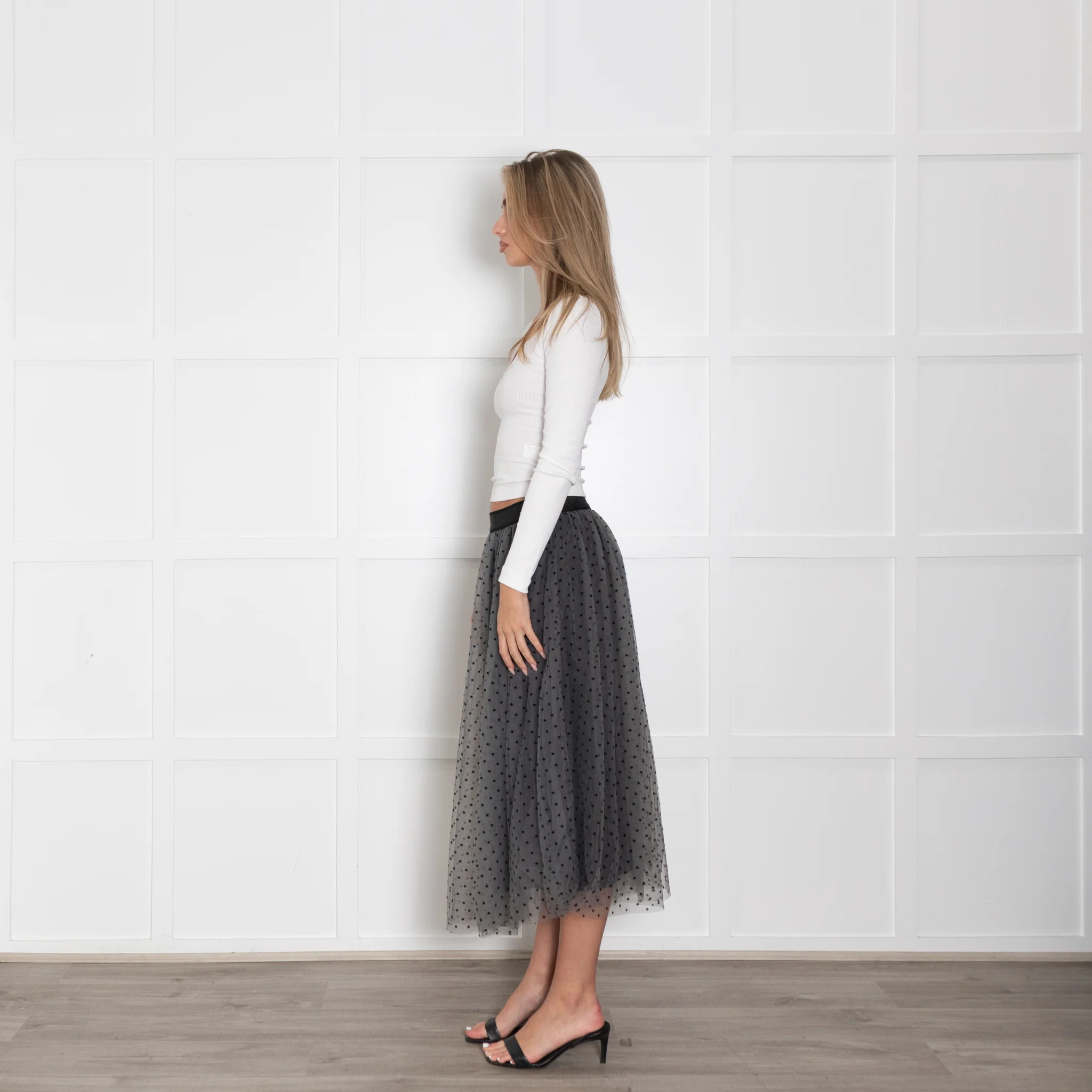 Wyse Lou Lou Tulle Grey Skirt With Black Polka Dots - Image 4