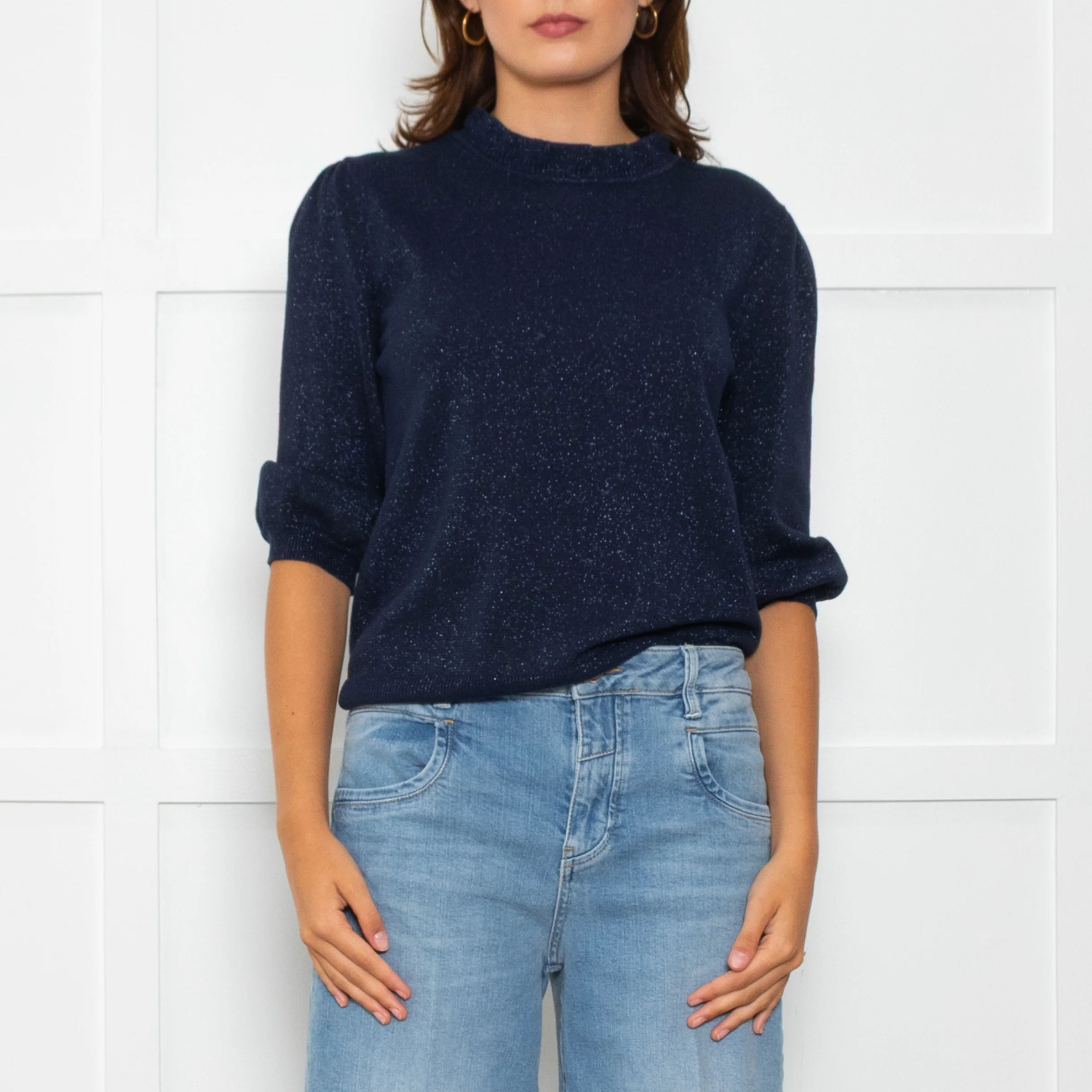 Wyse Navy Blue Cotton Blend Metallic Sweater - Image 2