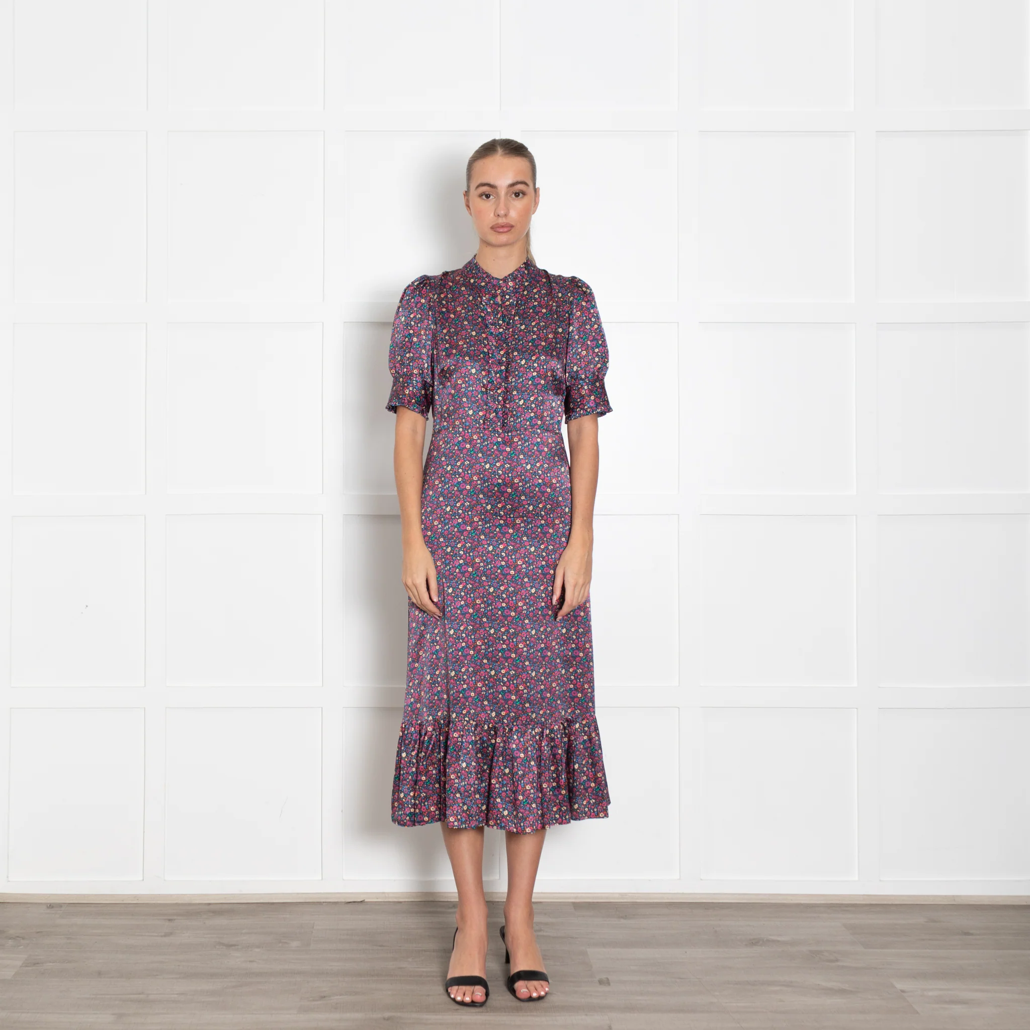 Wyse Navy Burgundy Floral Short Sleeve Long Dress