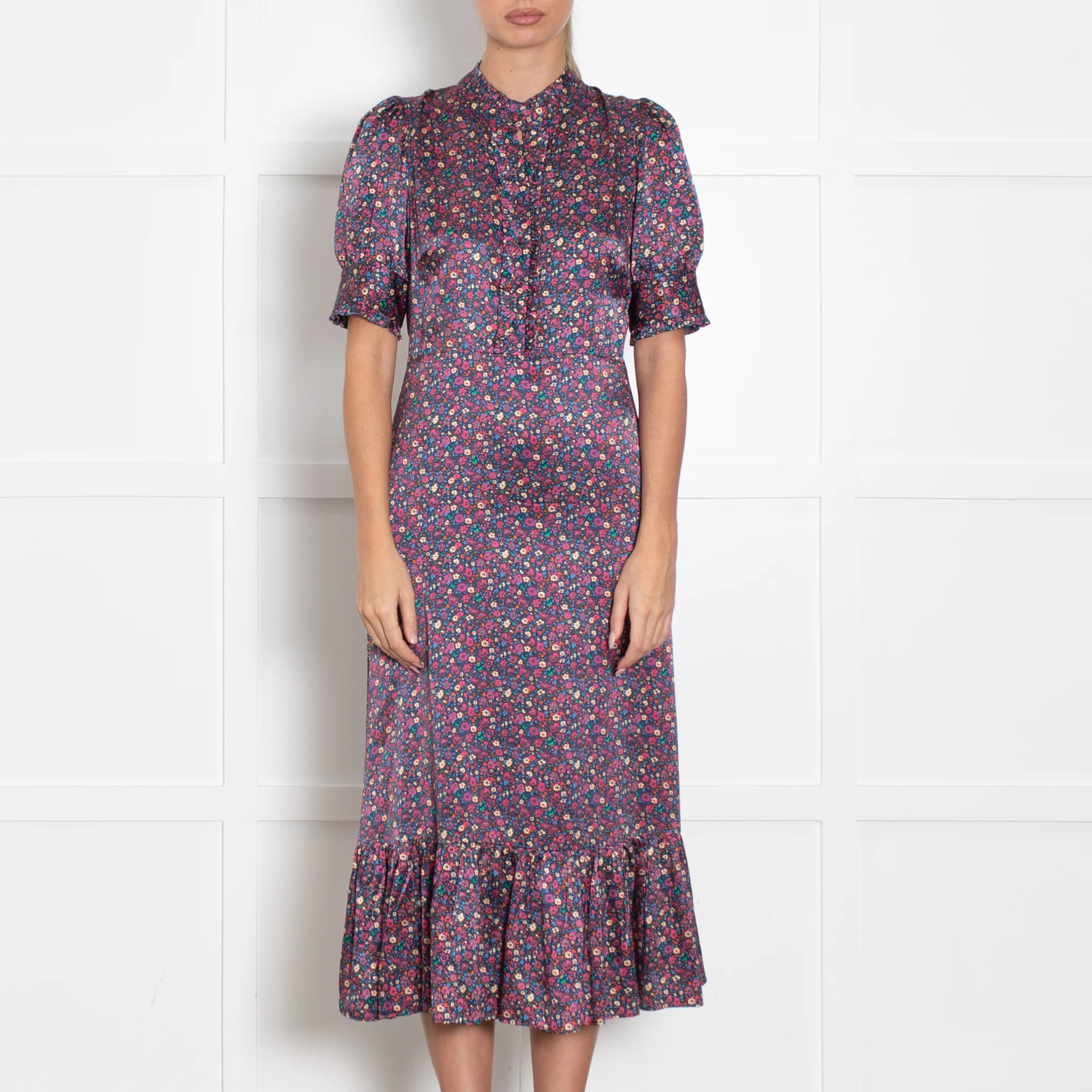 Wyse Navy Burgundy Floral Short Sleeve Long Dress - Image 2