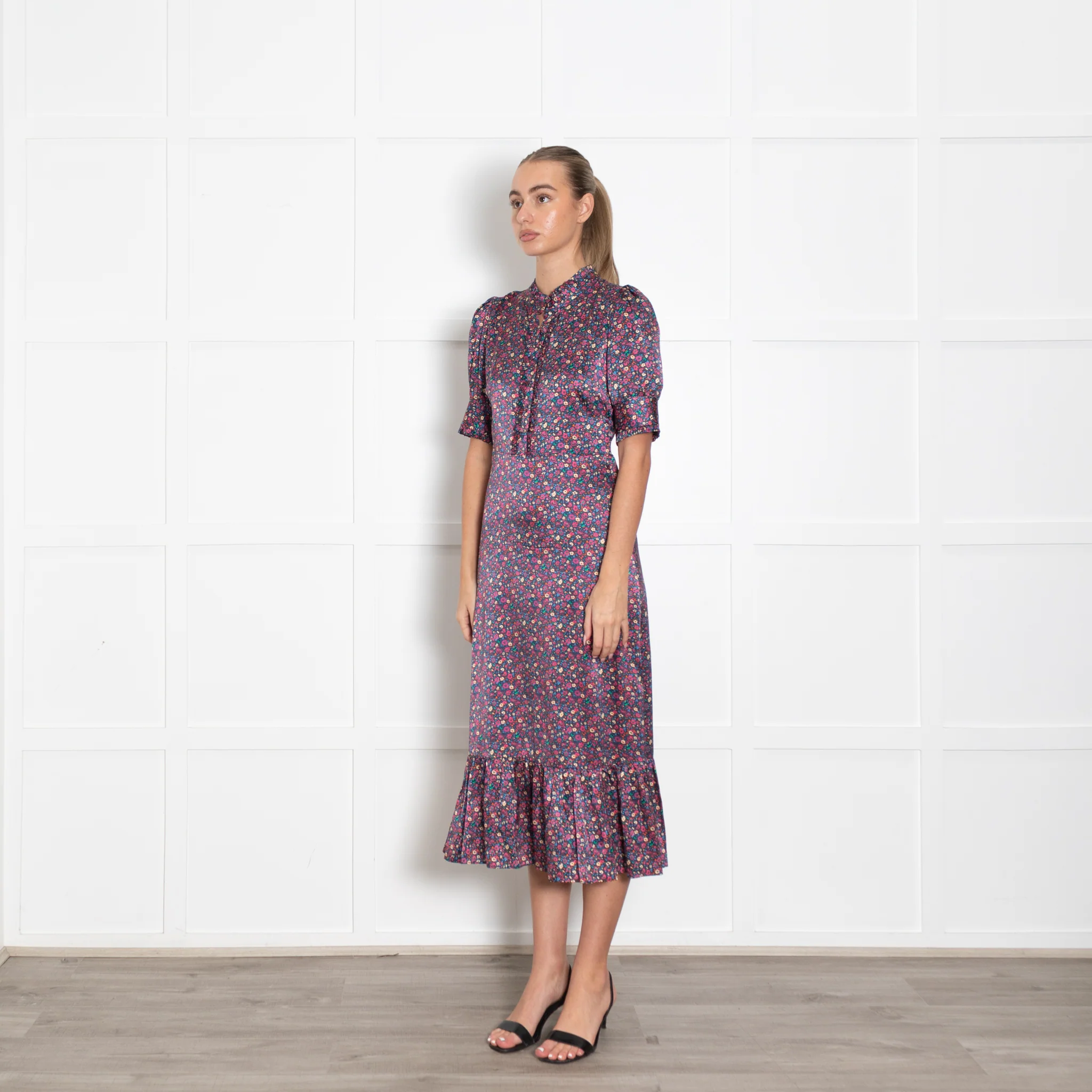 Wyse Navy Burgundy Floral Short Sleeve Long Dress - Image 3