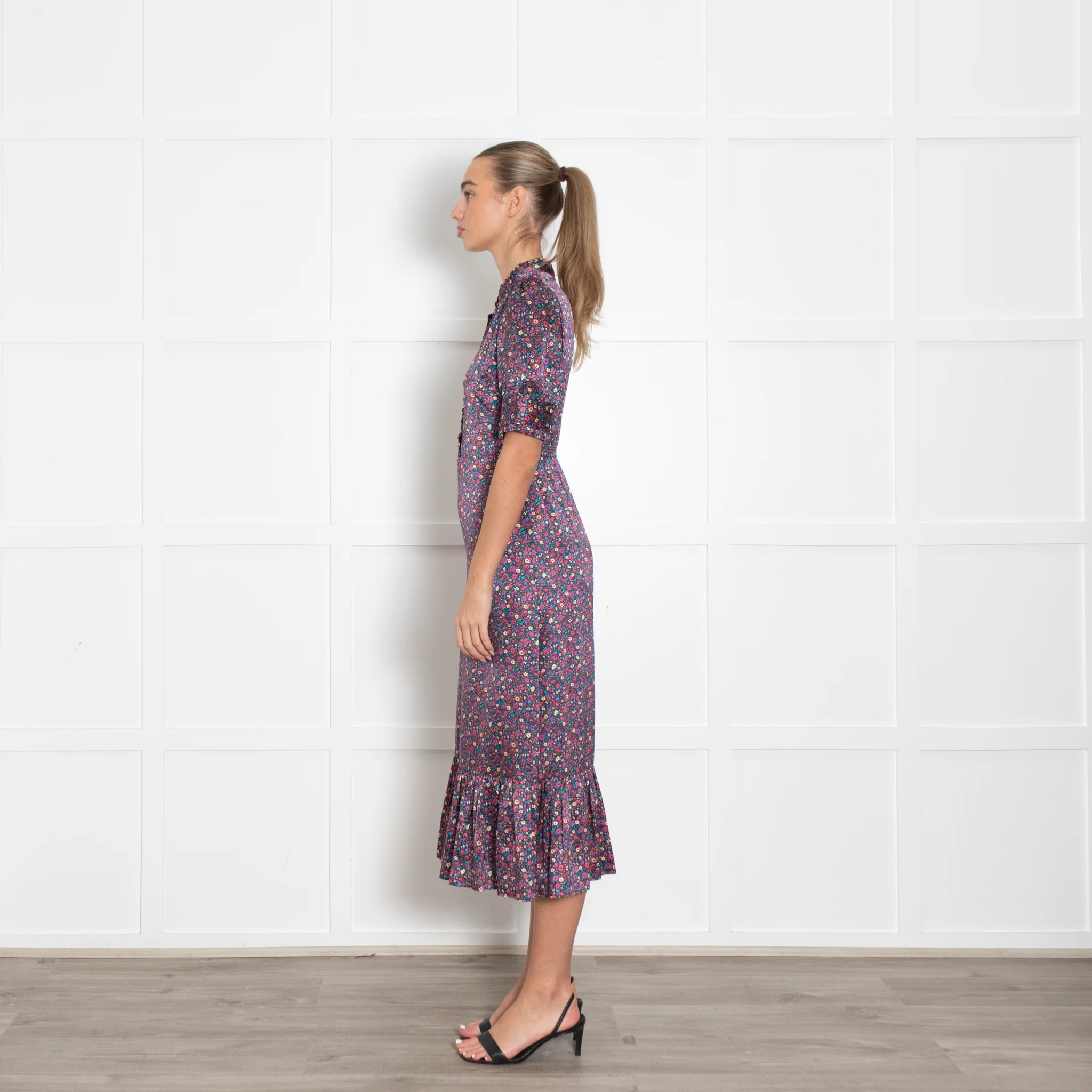 Wyse Navy Burgundy Floral Short Sleeve Long Dress - Image 4