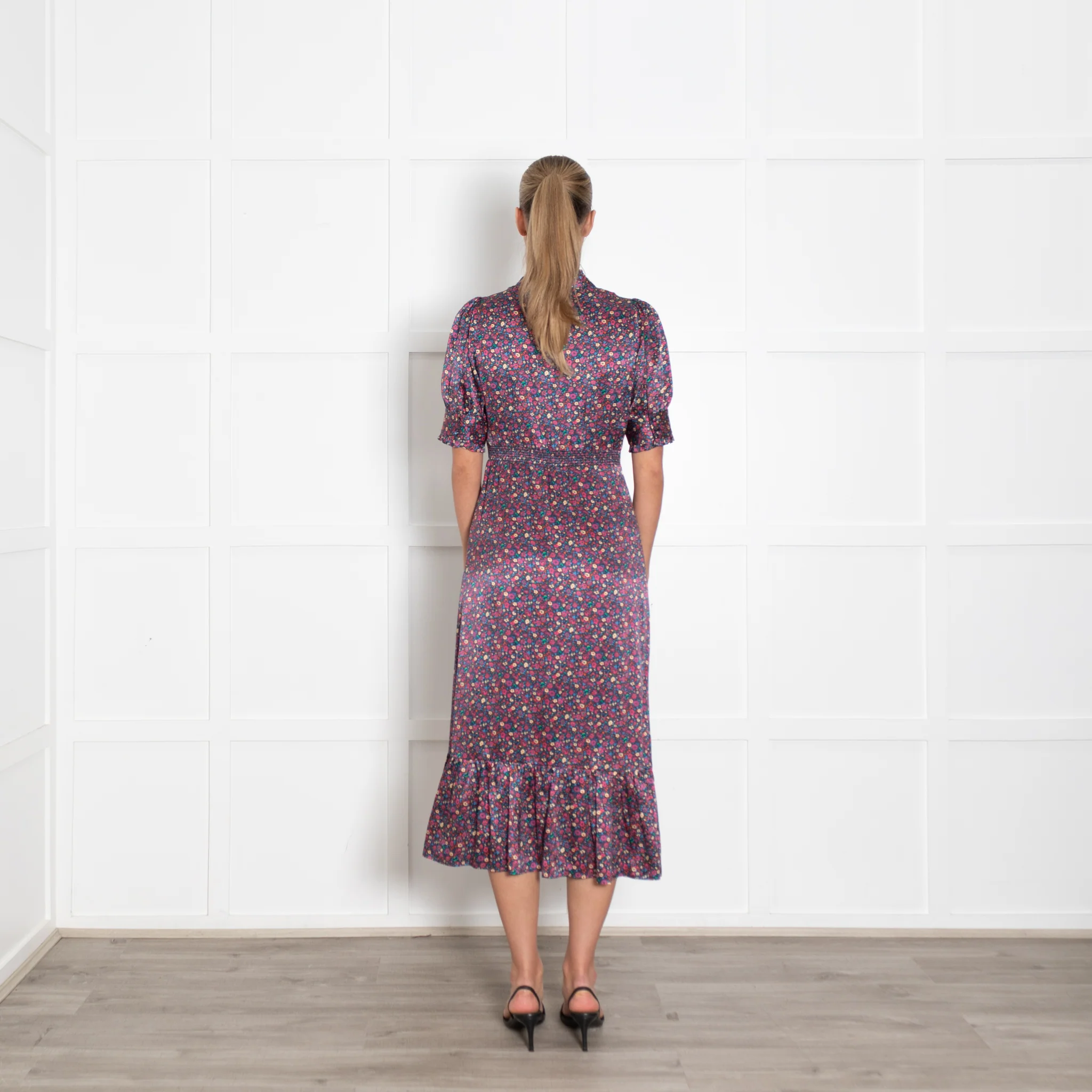 Wyse Navy Burgundy Floral Short Sleeve Long Dress - Image 5