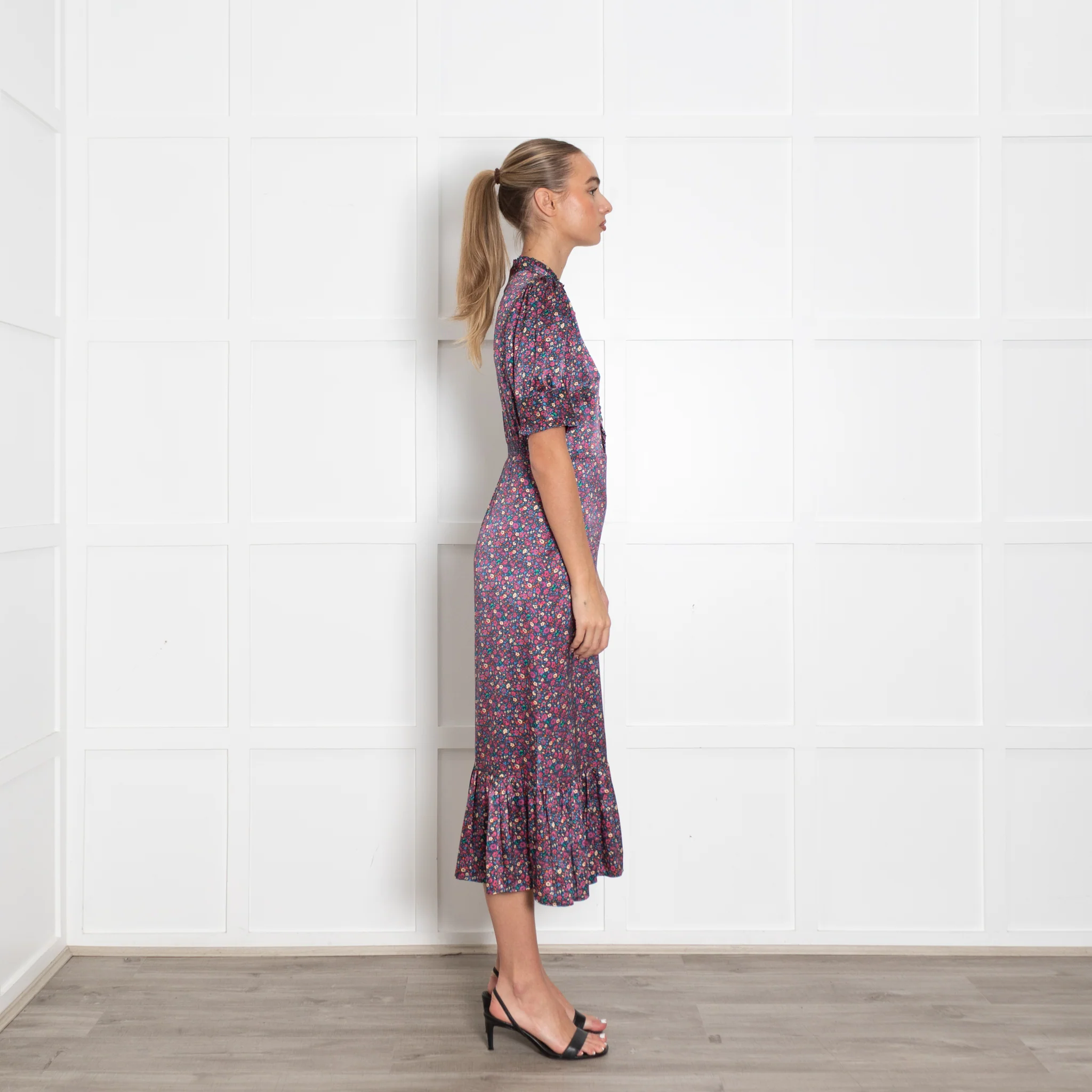 Wyse Navy Burgundy Floral Short Sleeve Long Dress - Image 6