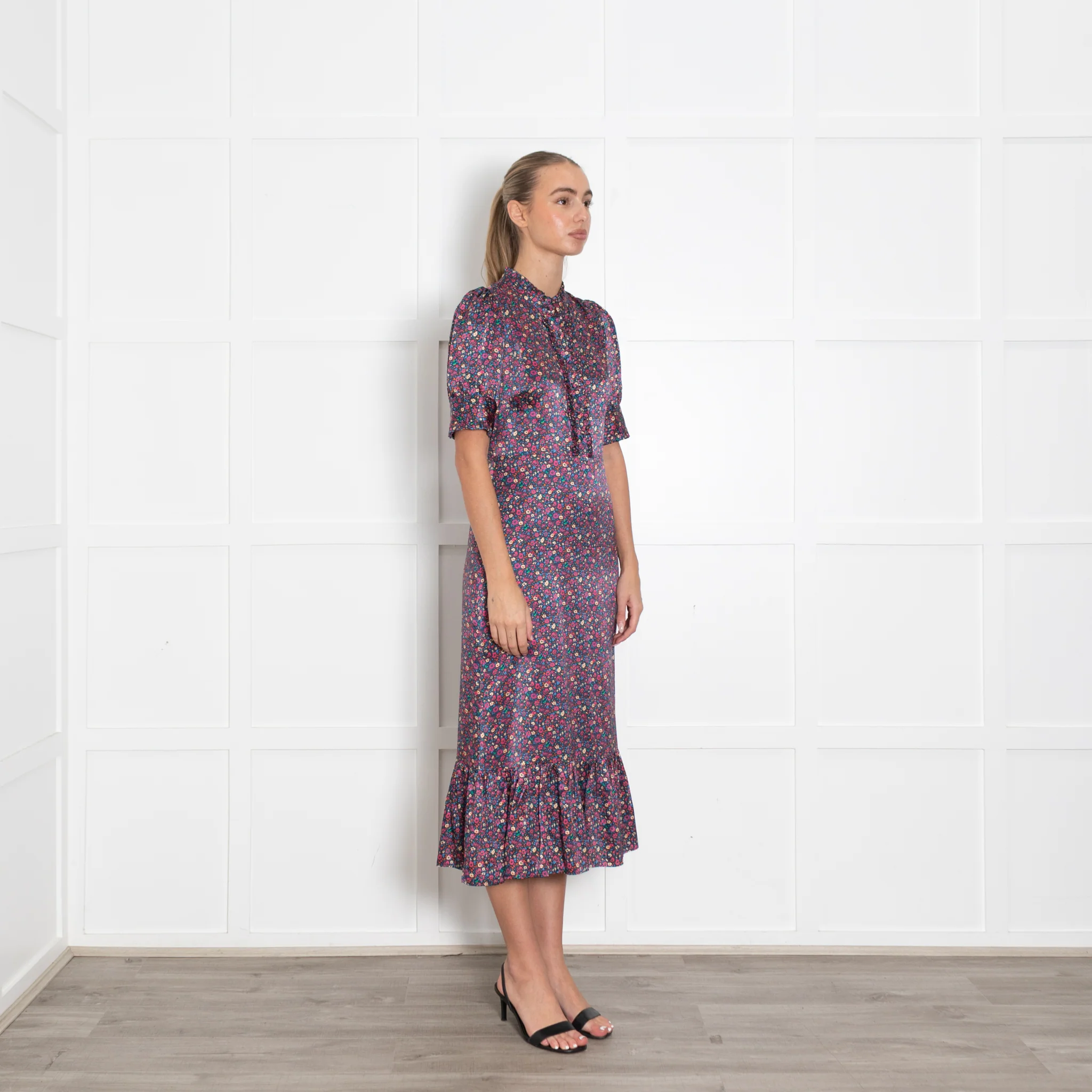 Wyse Navy Burgundy Floral Short Sleeve Long Dress - Image 7