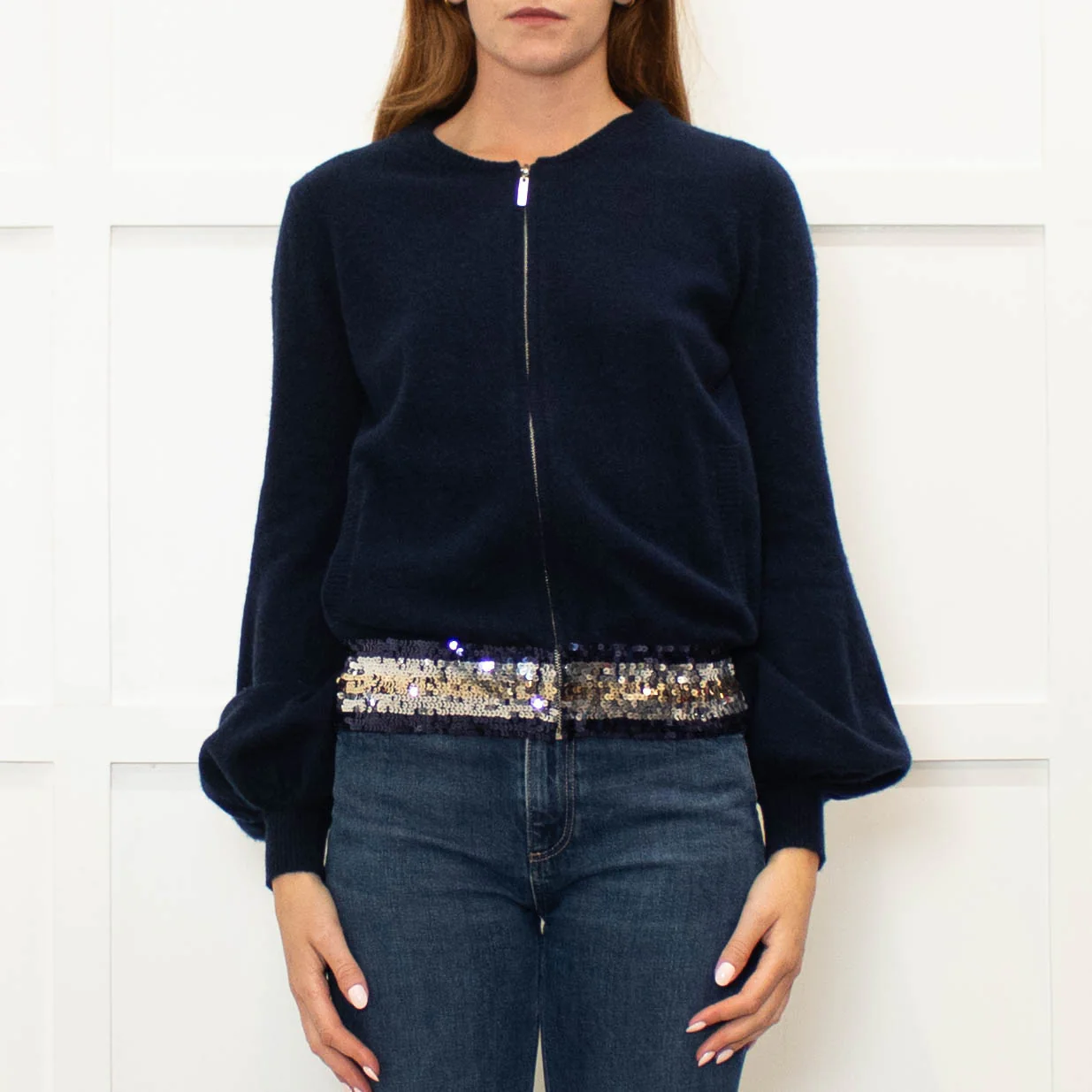 Wyse Navy Cashmere Blend Sequinned Trim Cardigan - Image 2