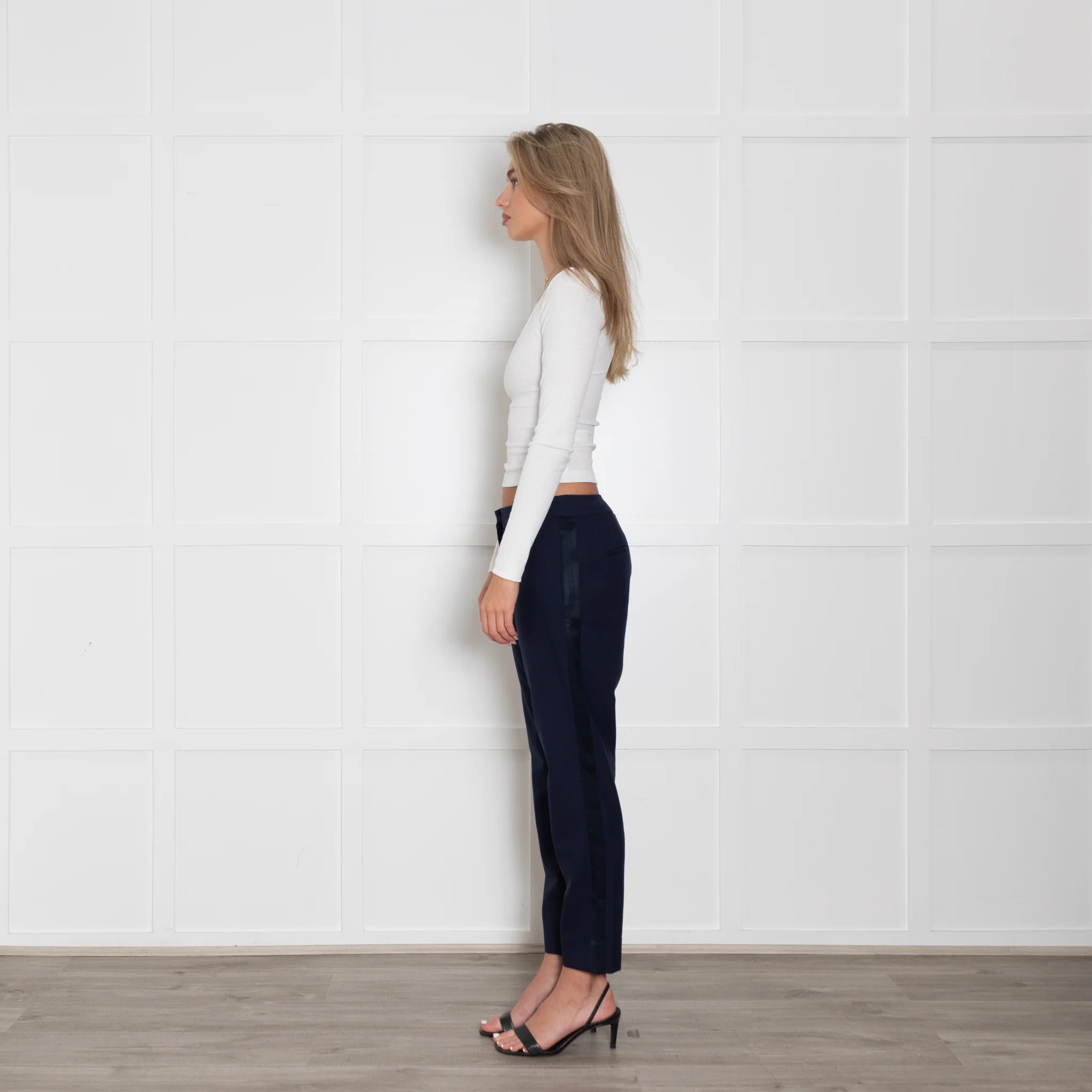 Wyse Navy Crop Trouser With Satin Side Stripe - Image 4