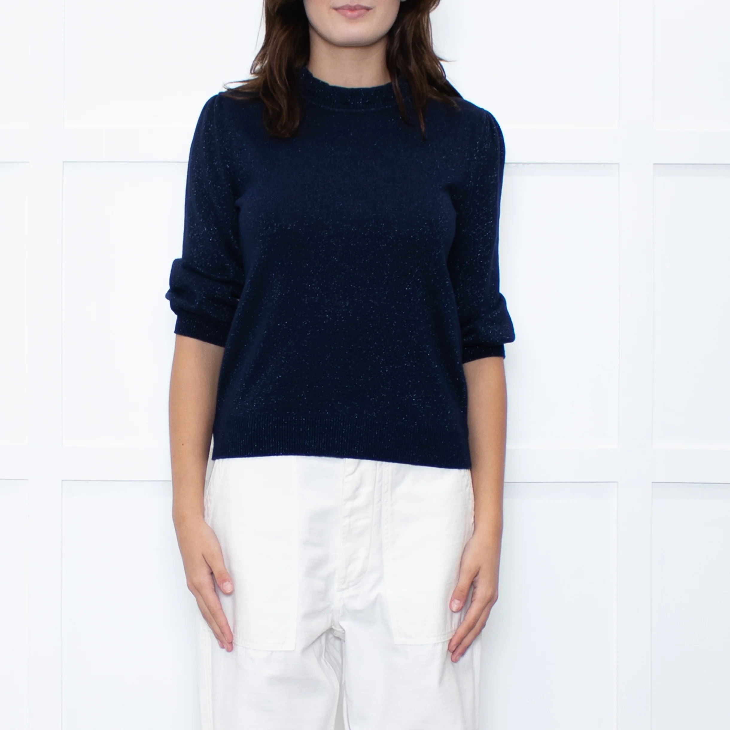 Wyse Navy Shimmer Frilled Trim Jumper - Image 2