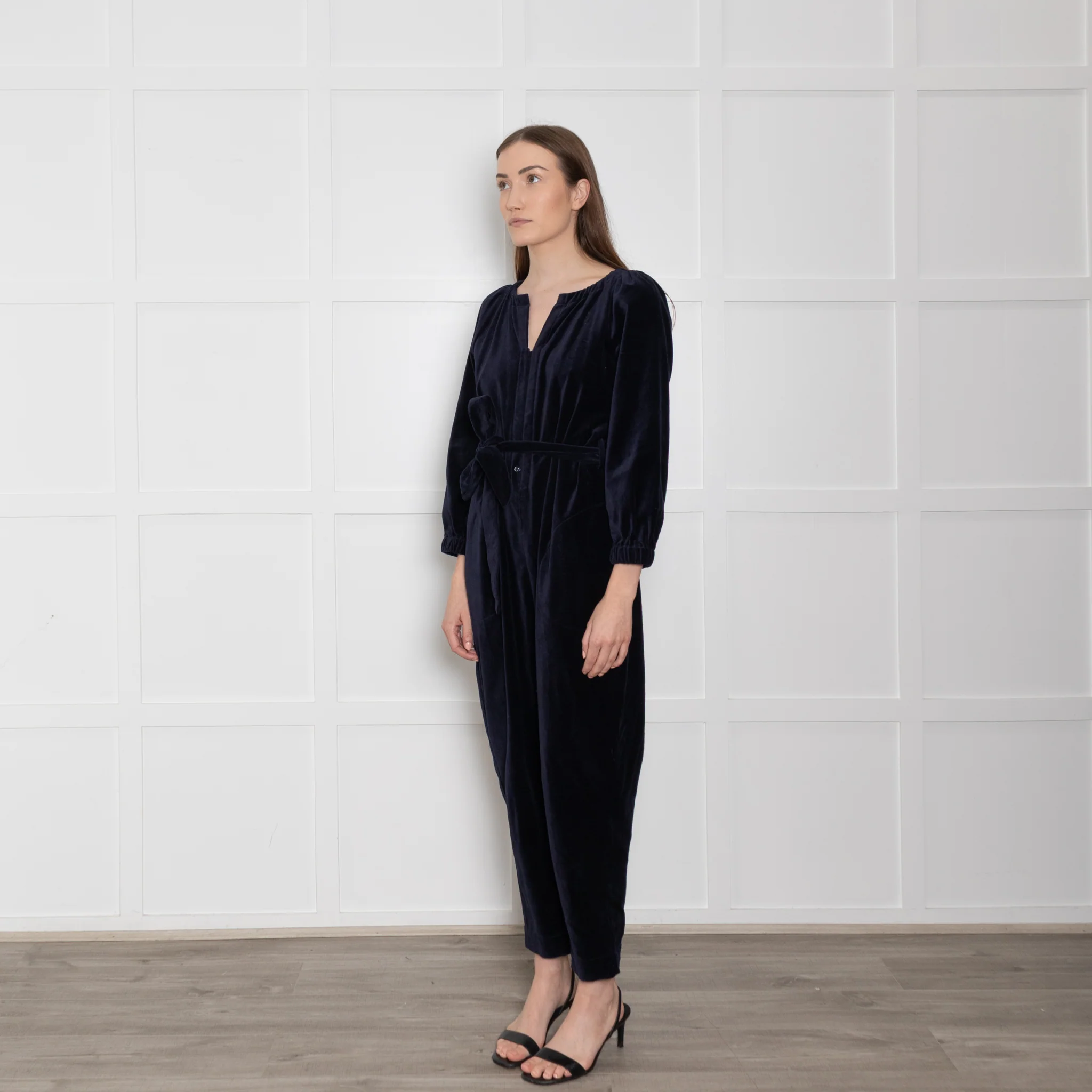 Wyse Navy Velvet Button Up Jumpsuit - Image 3