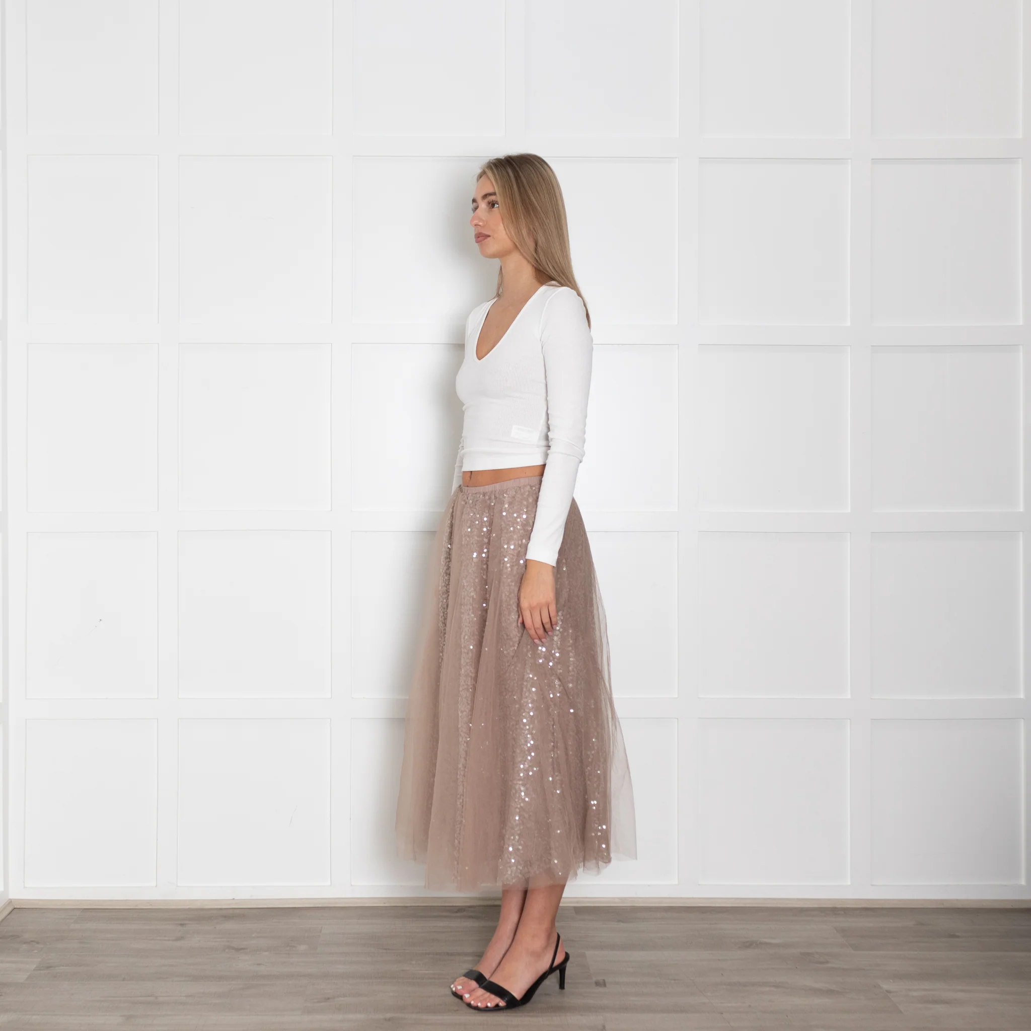 Wyse Nude  Sequin Skirt With Tulle Overlay - Image 3