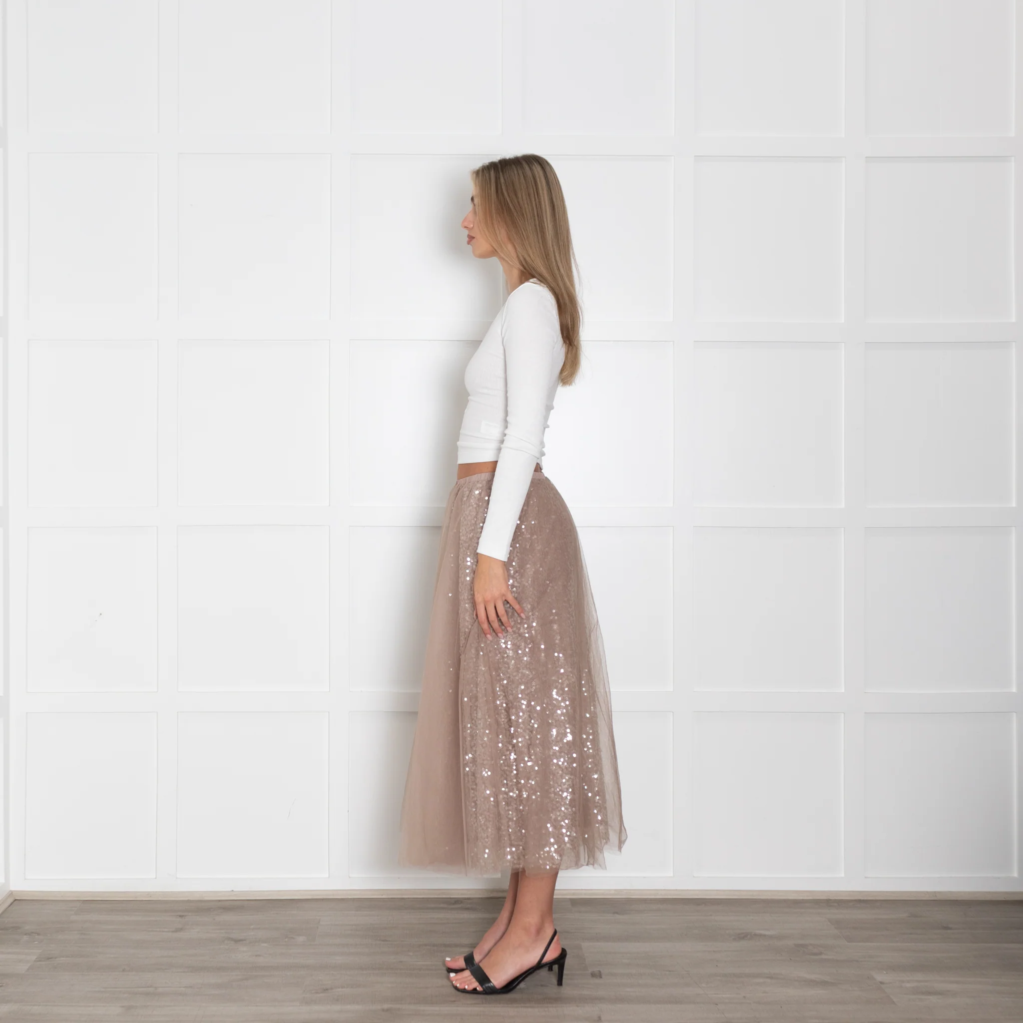 Wyse Nude  Sequin Skirt With Tulle Overlay - Image 4