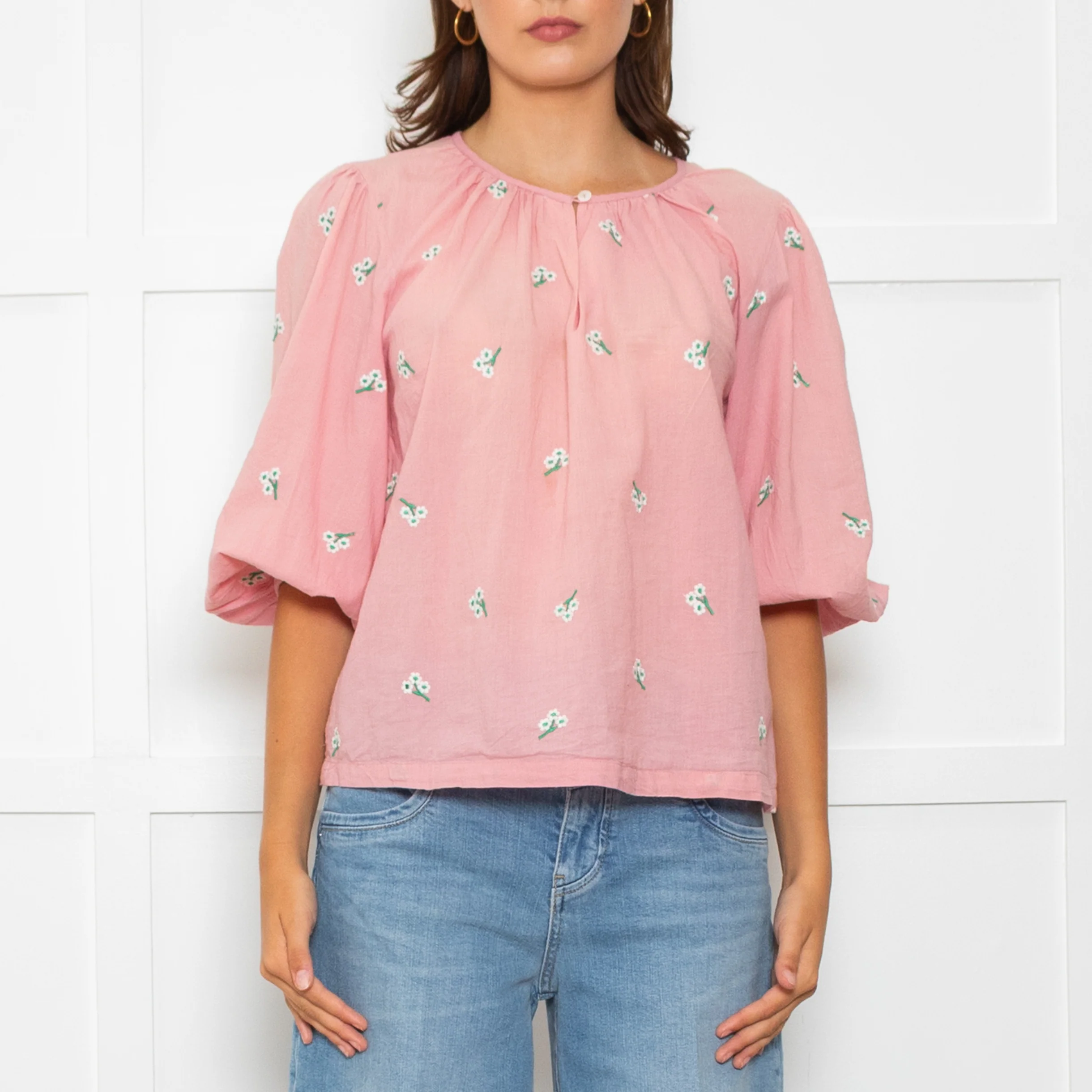 Wyse Pale Pink Floral Embroidered Cotton Blouse - Image 2