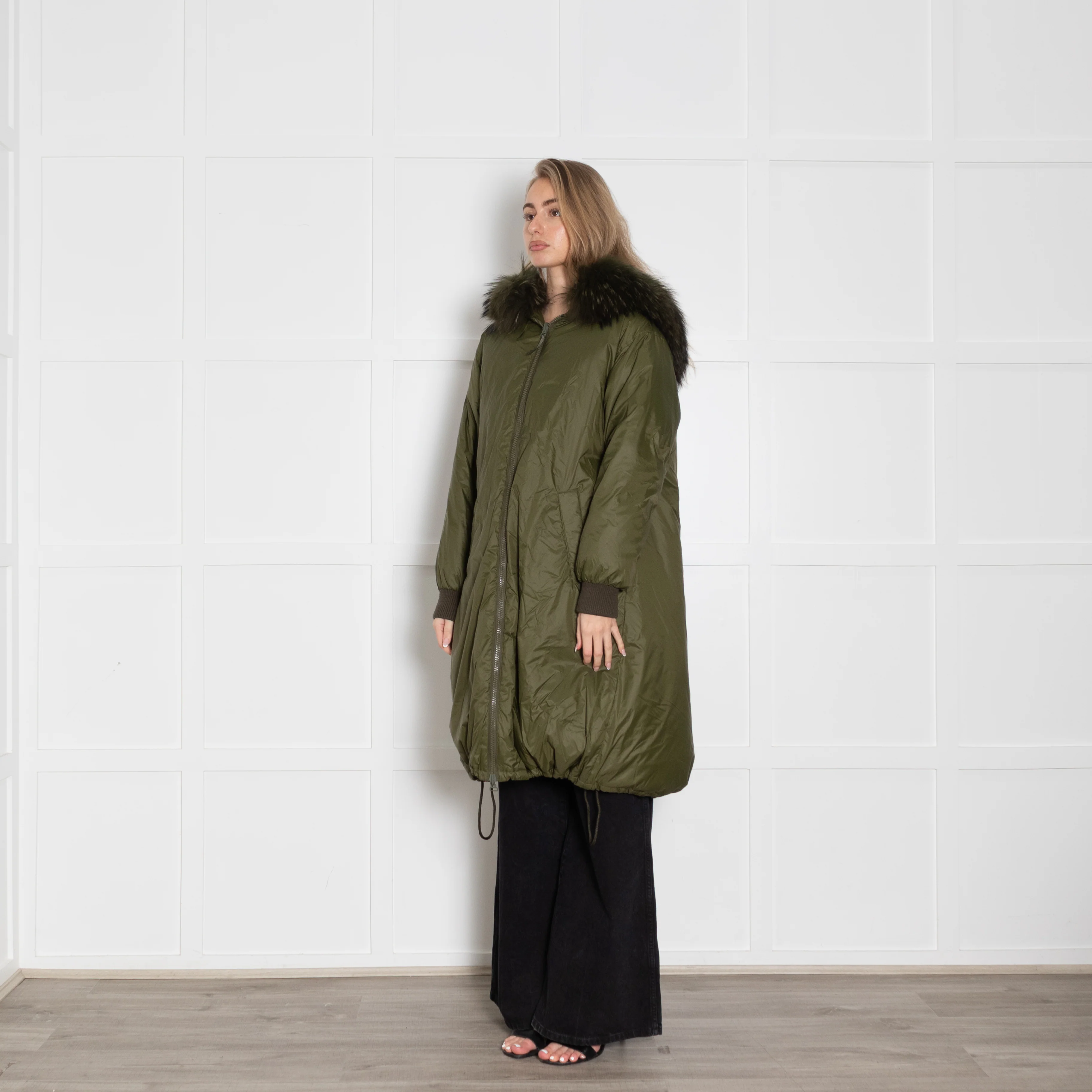 YS Army Khaki Padded Fur Trim Long Coat - Image 3