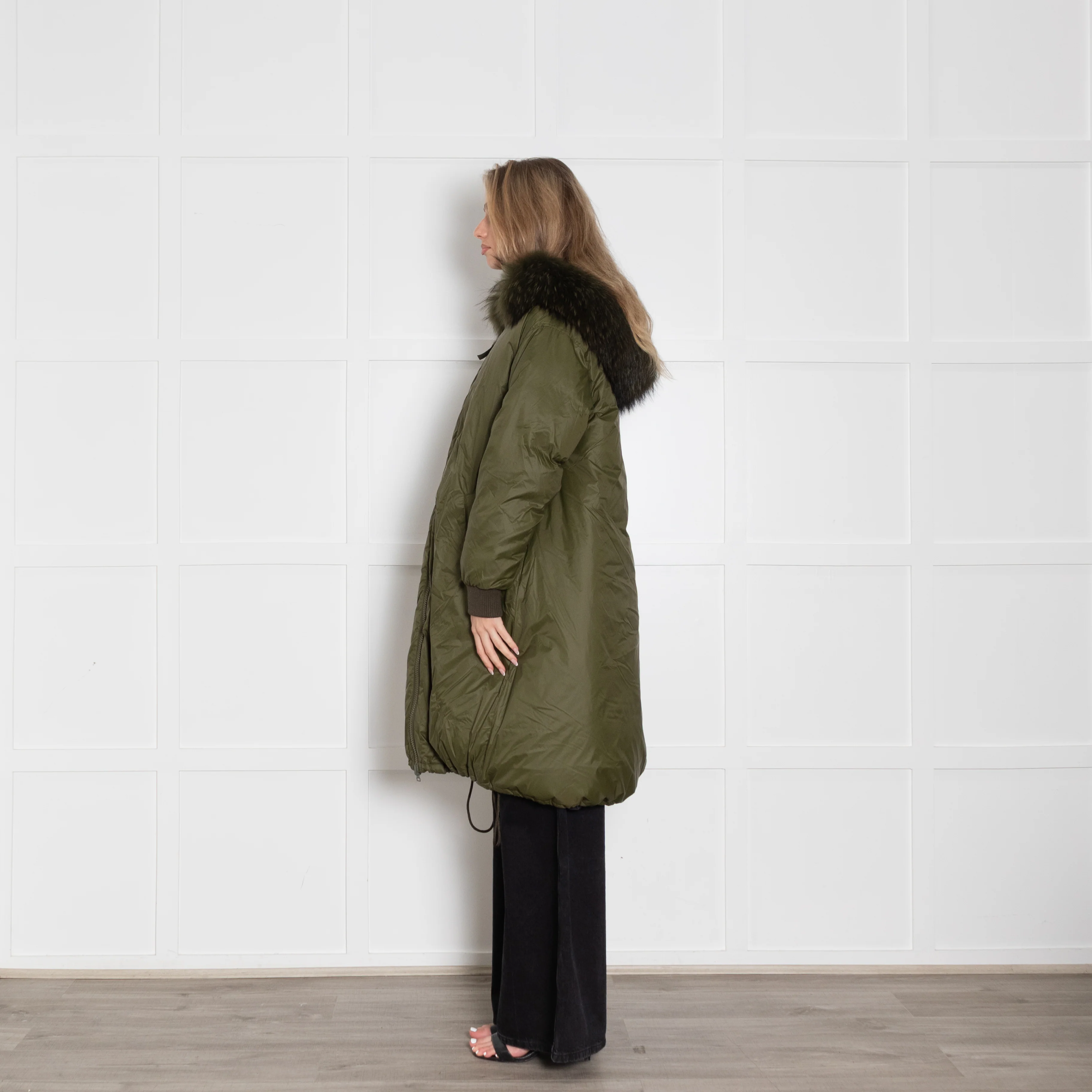 YS Army Khaki Padded Fur Trim Long Coat - Image 4