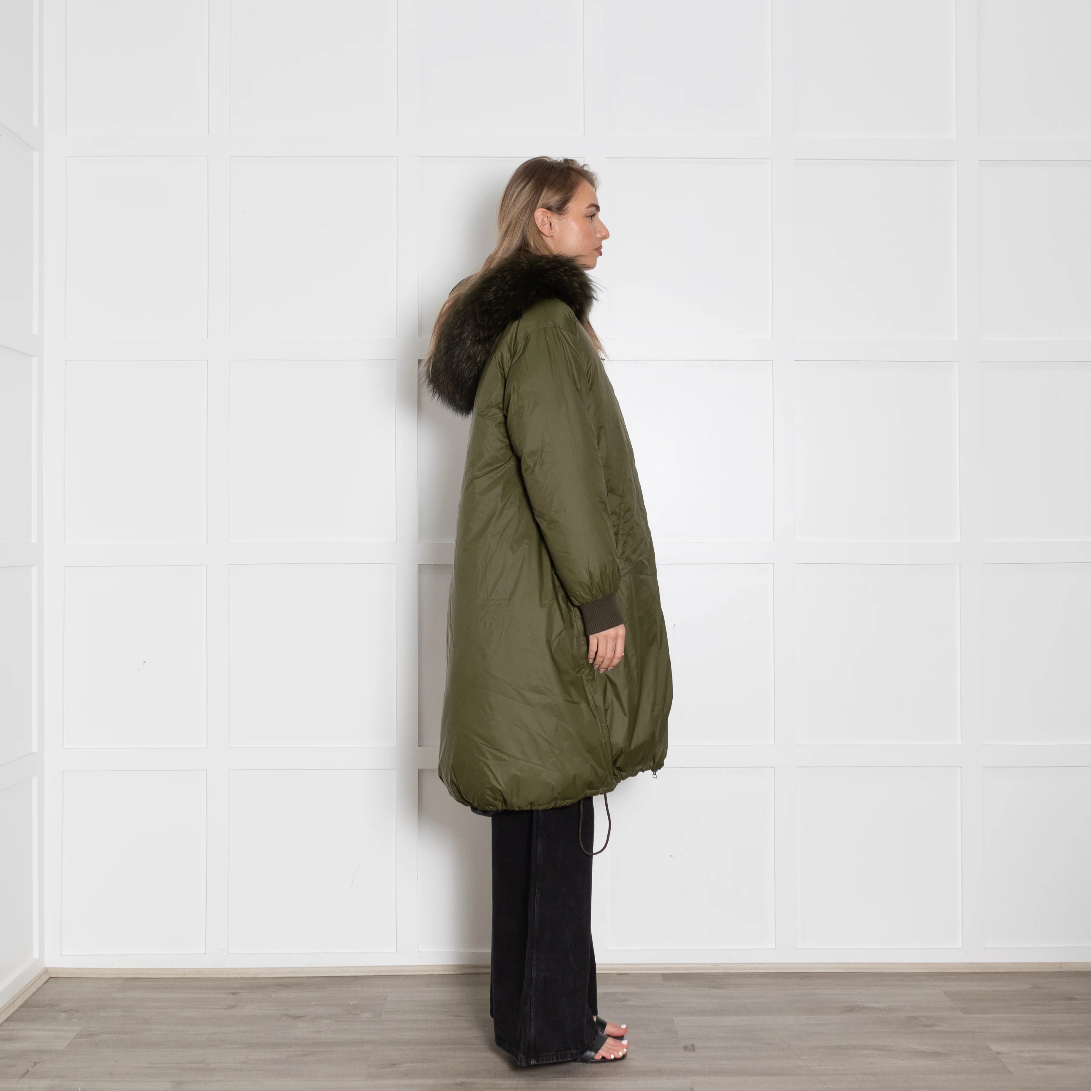 YS Army Khaki Padded Fur Trim Long Coat - Image 6