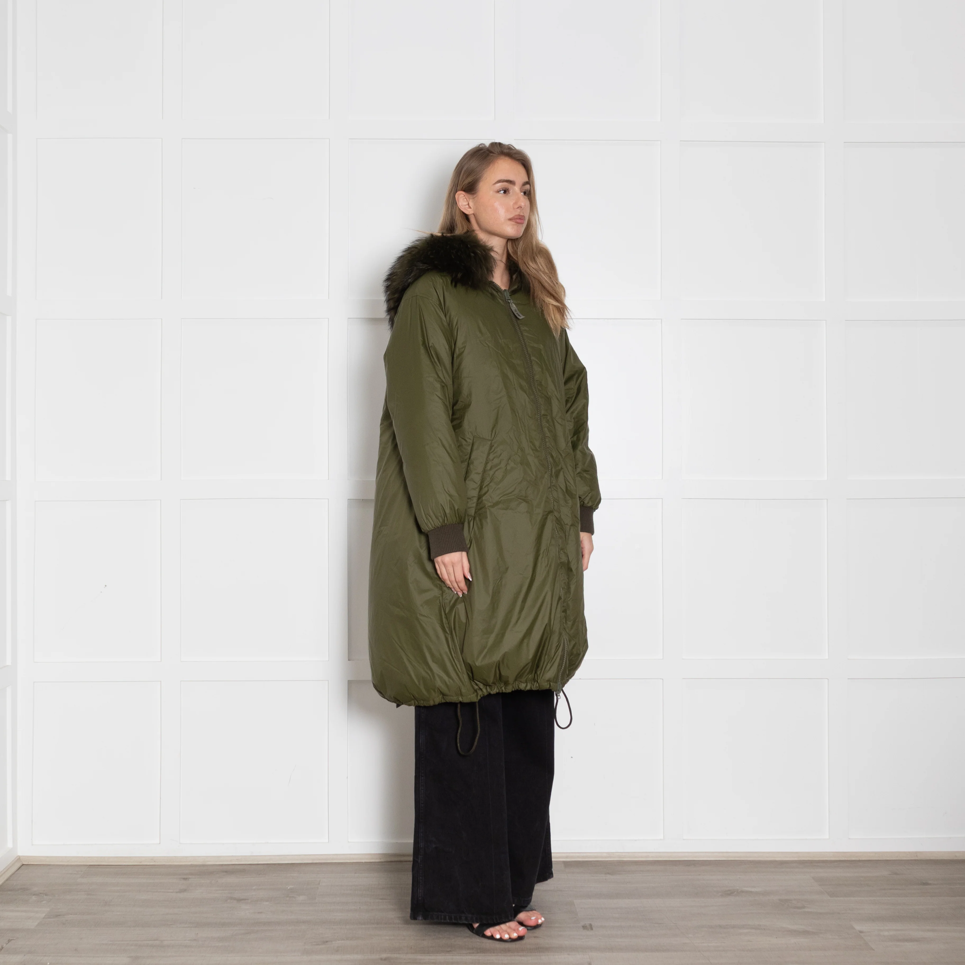 YS Army Khaki Padded Fur Trim Long Coat - Image 7