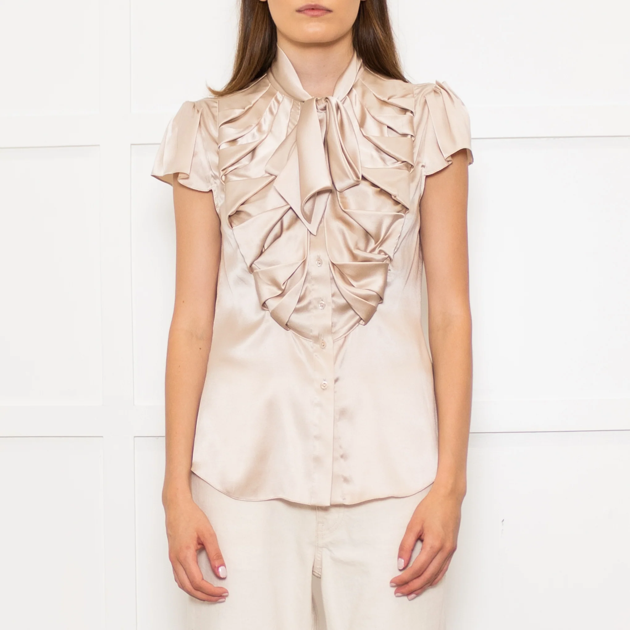 Zac Posen Light Gold Silk Origami Pleated Front Tie Neck Blouse - Image 2