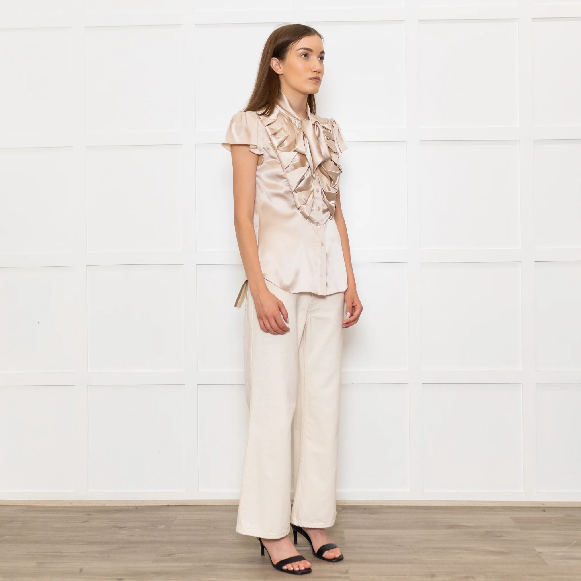Zac Posen Light Gold Silk Origami Pleated Front Tie Neck Blouse - Image 3