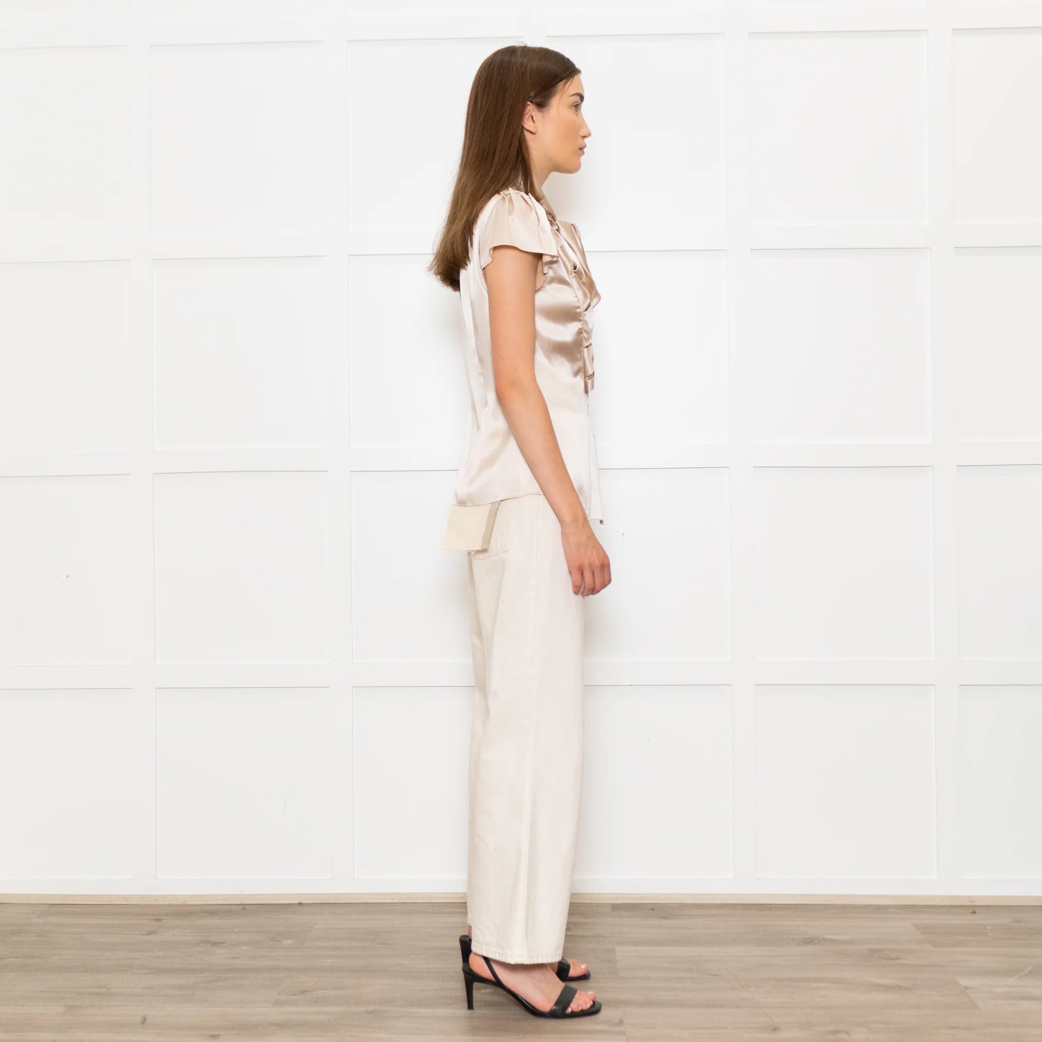 Zac Posen Light Gold Silk Origami Pleated Front Tie Neck Blouse - Image 4