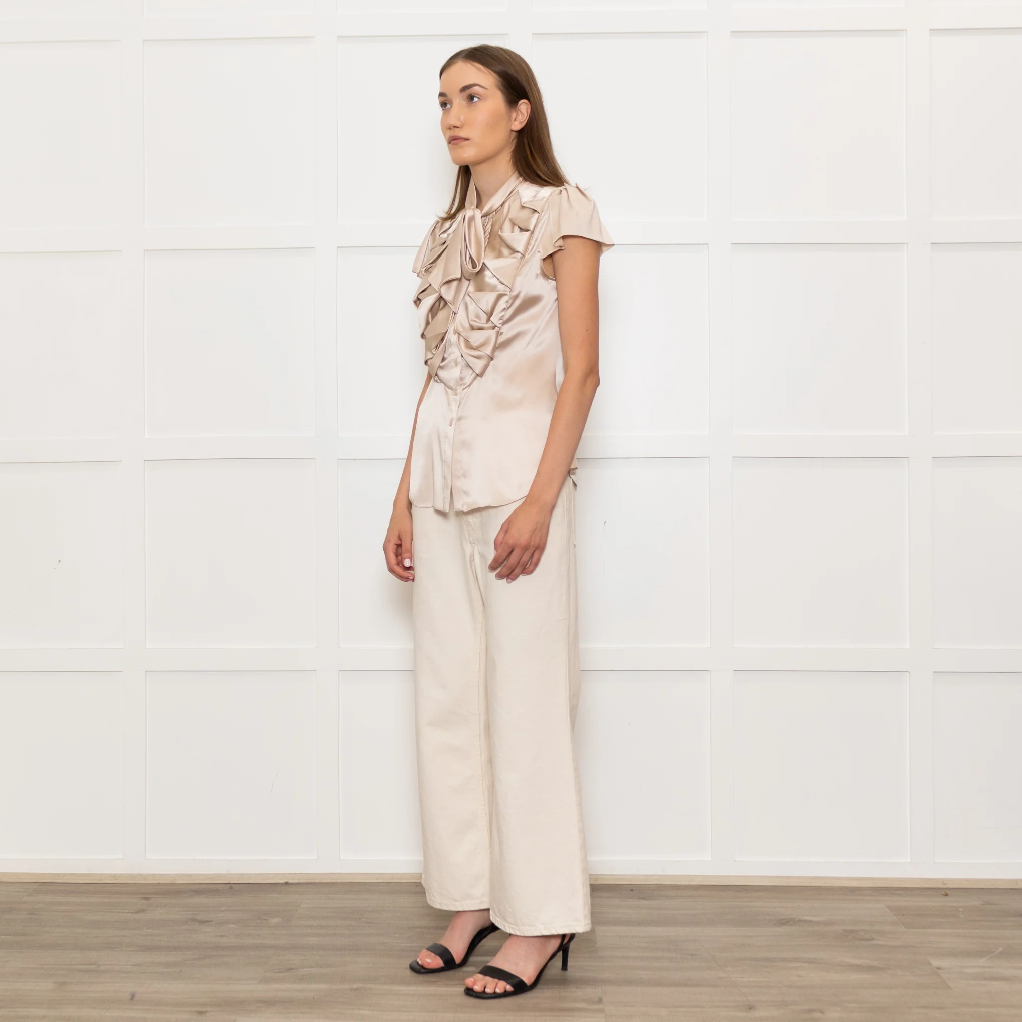 Zac Posen Light Gold Silk Origami Pleated Front Tie Neck Blouse - Image 7
