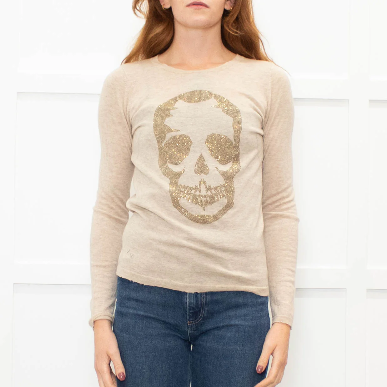 Zadig & Voltaire Beige Gold Diamante Skull Cashmere Fine Knit Jumper - Image 2