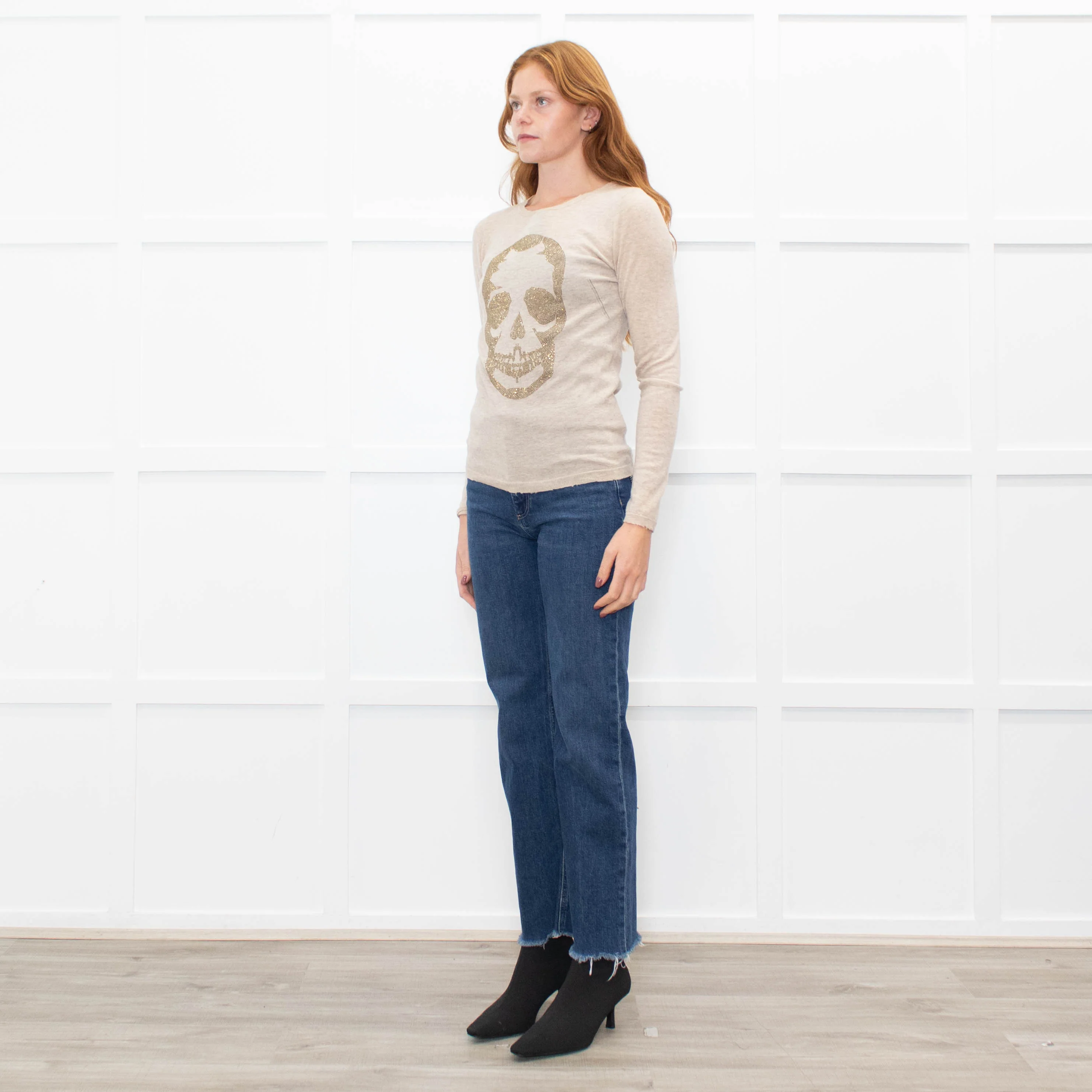 Zadig & Voltaire Beige Gold Diamante Skull Cashmere Fine Knit Jumper - Image 3