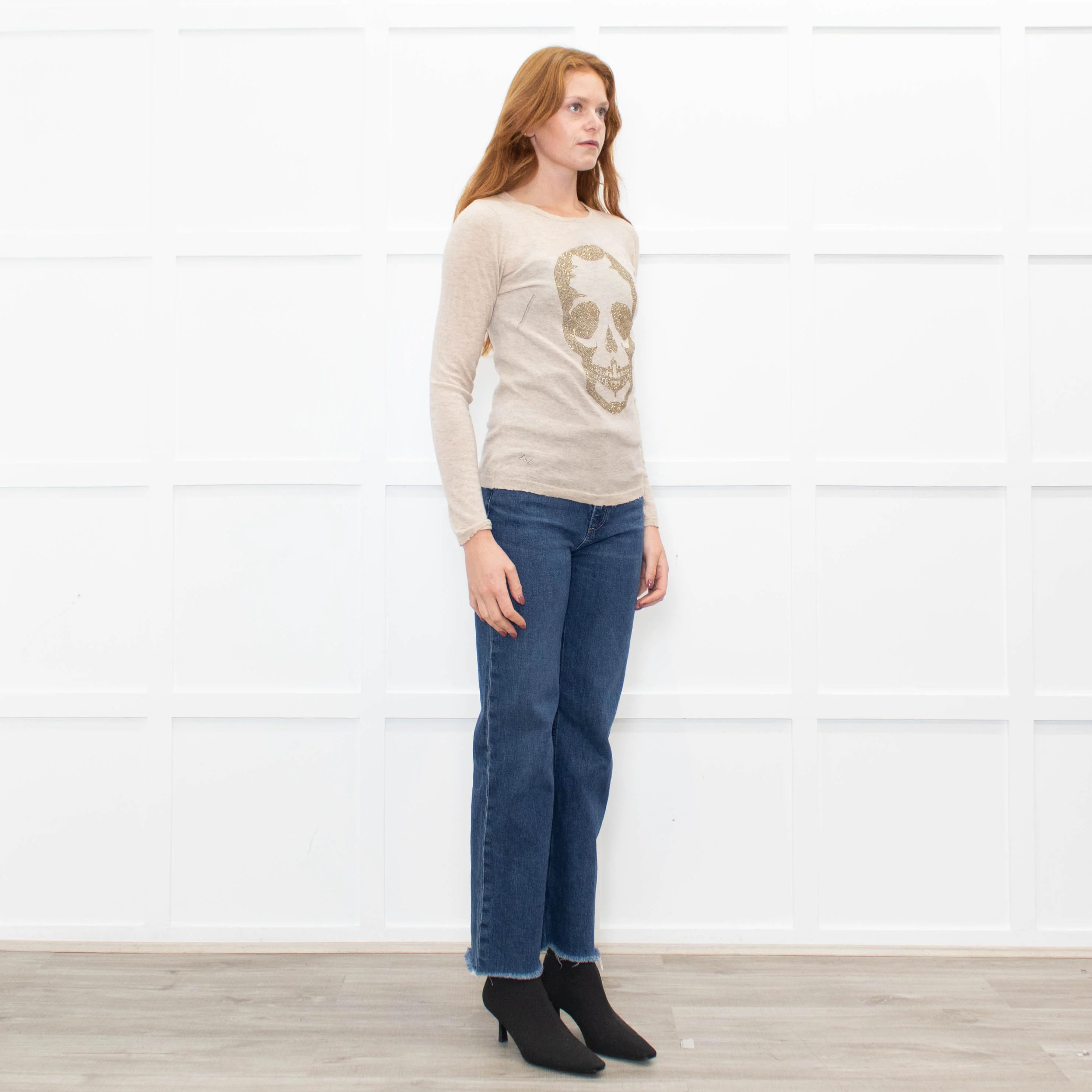 Zadig & Voltaire Beige Gold Diamante Skull Cashmere Fine Knit Jumper - Image 7
