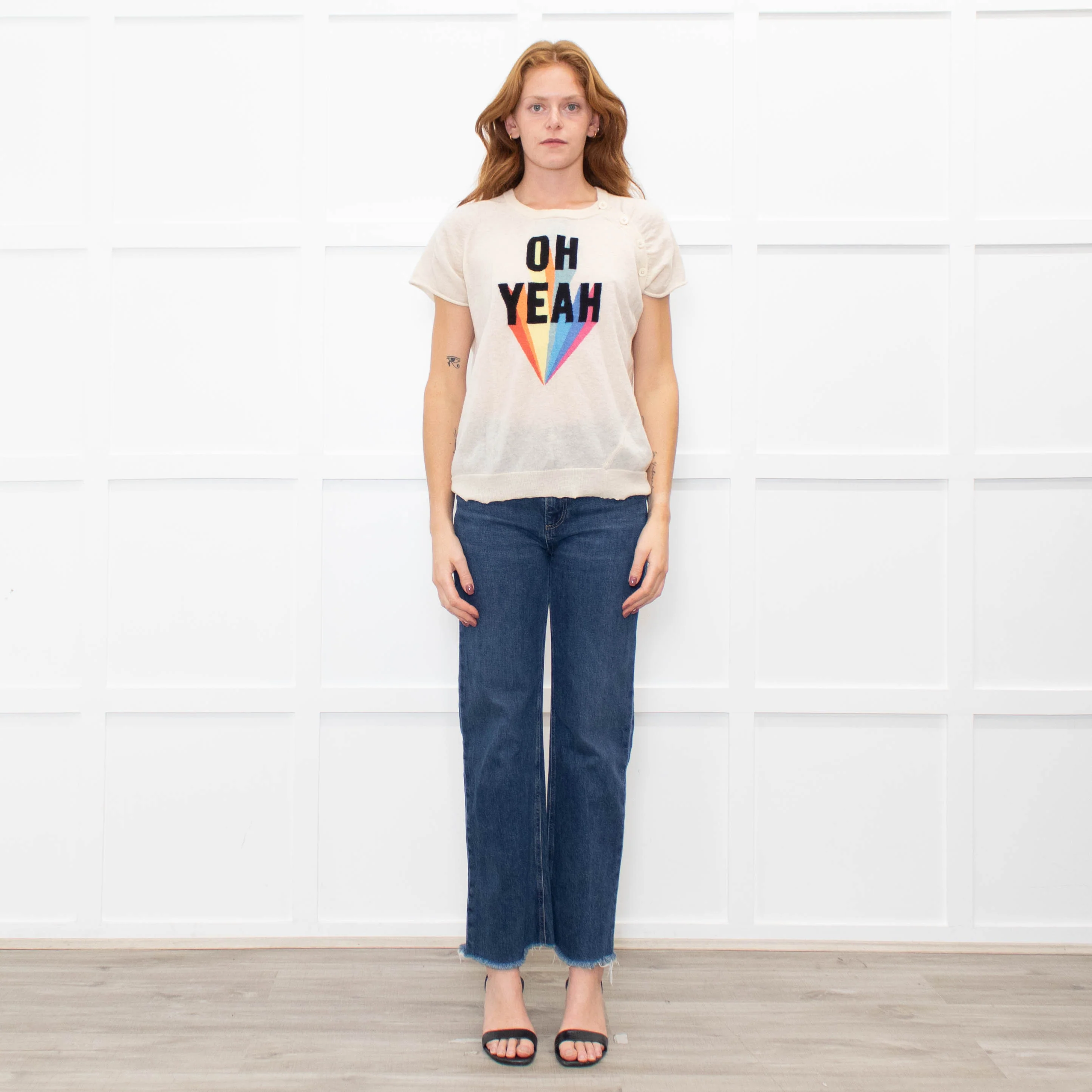 Zadig & Voltaire Preloved  Beige Slogan Cashmere Blend Short Sleeve Top