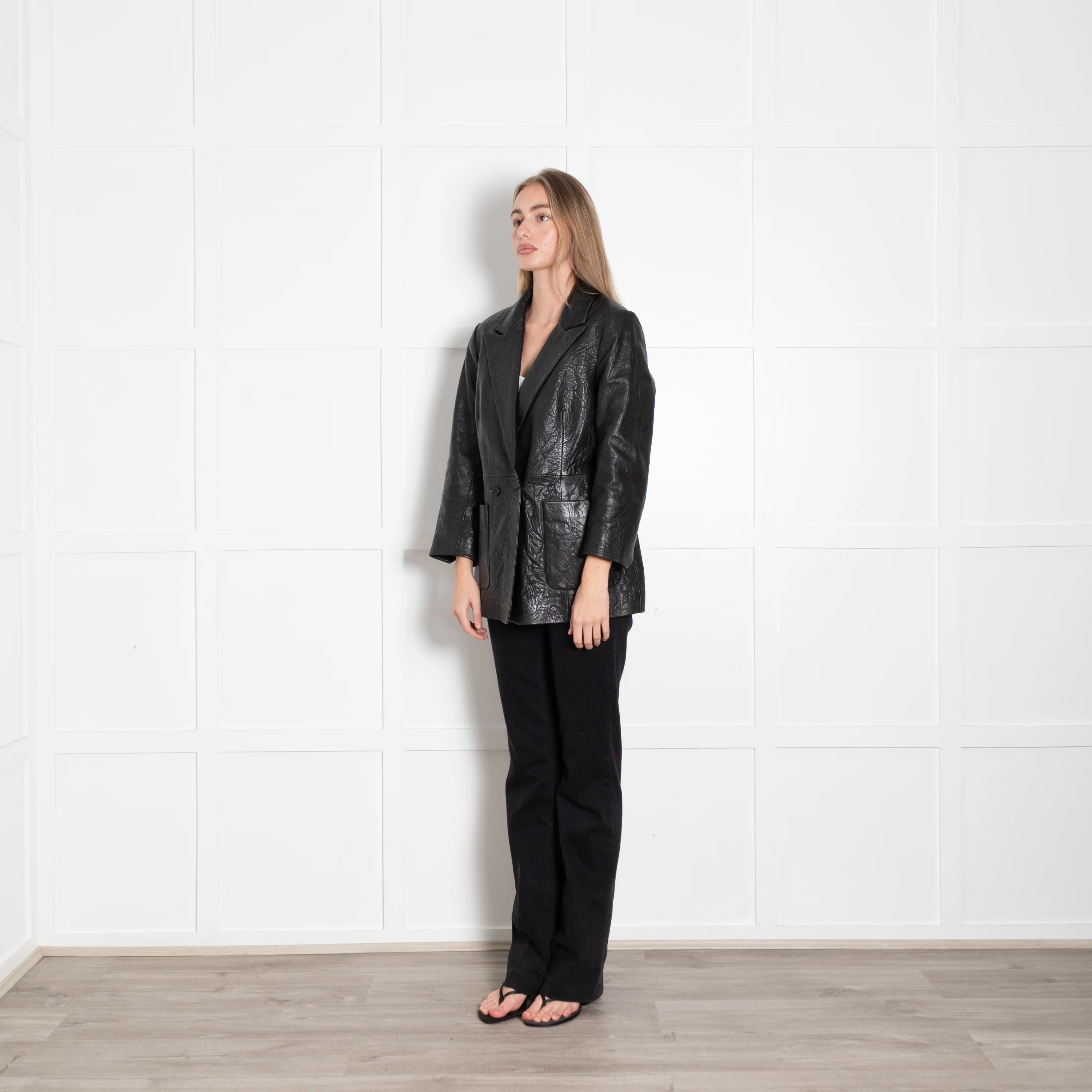 Zadig & Voltaire Black Crinkled Leather Blazer Jacket - Image 3